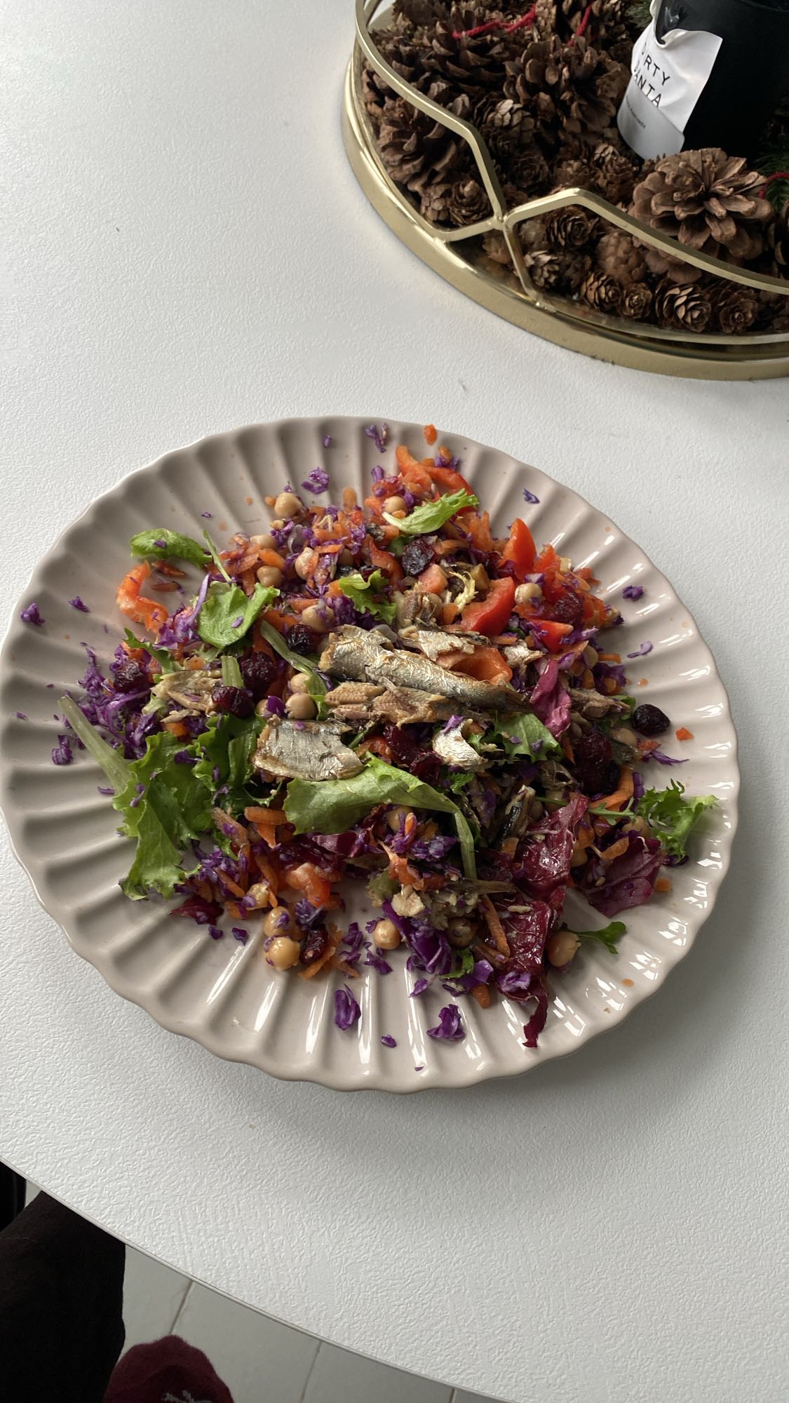 Salat med rød peber, rødkål, grøn salat mix, kikærter, gulderød, trandebær