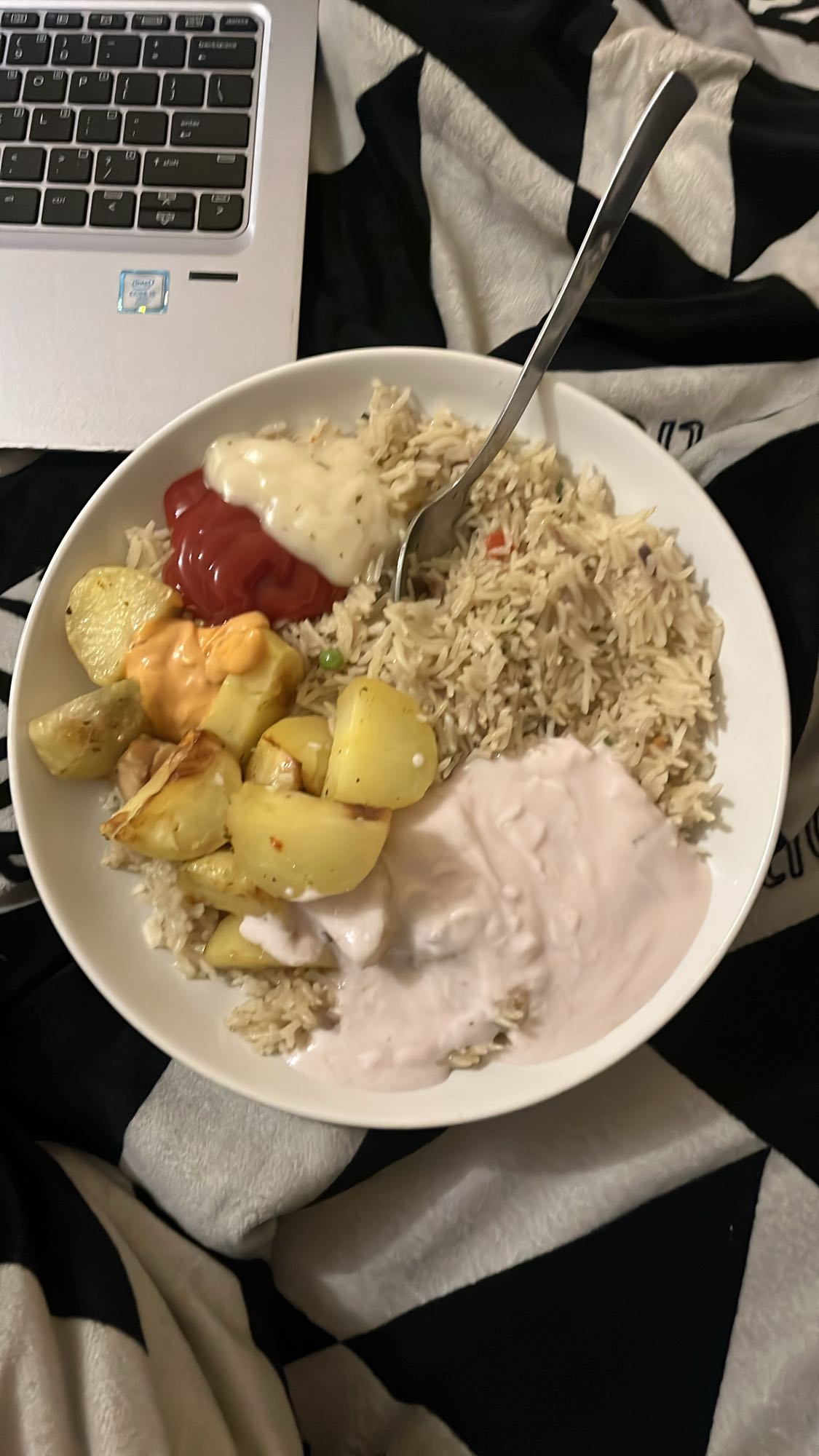 Rice with sauces & potatoes