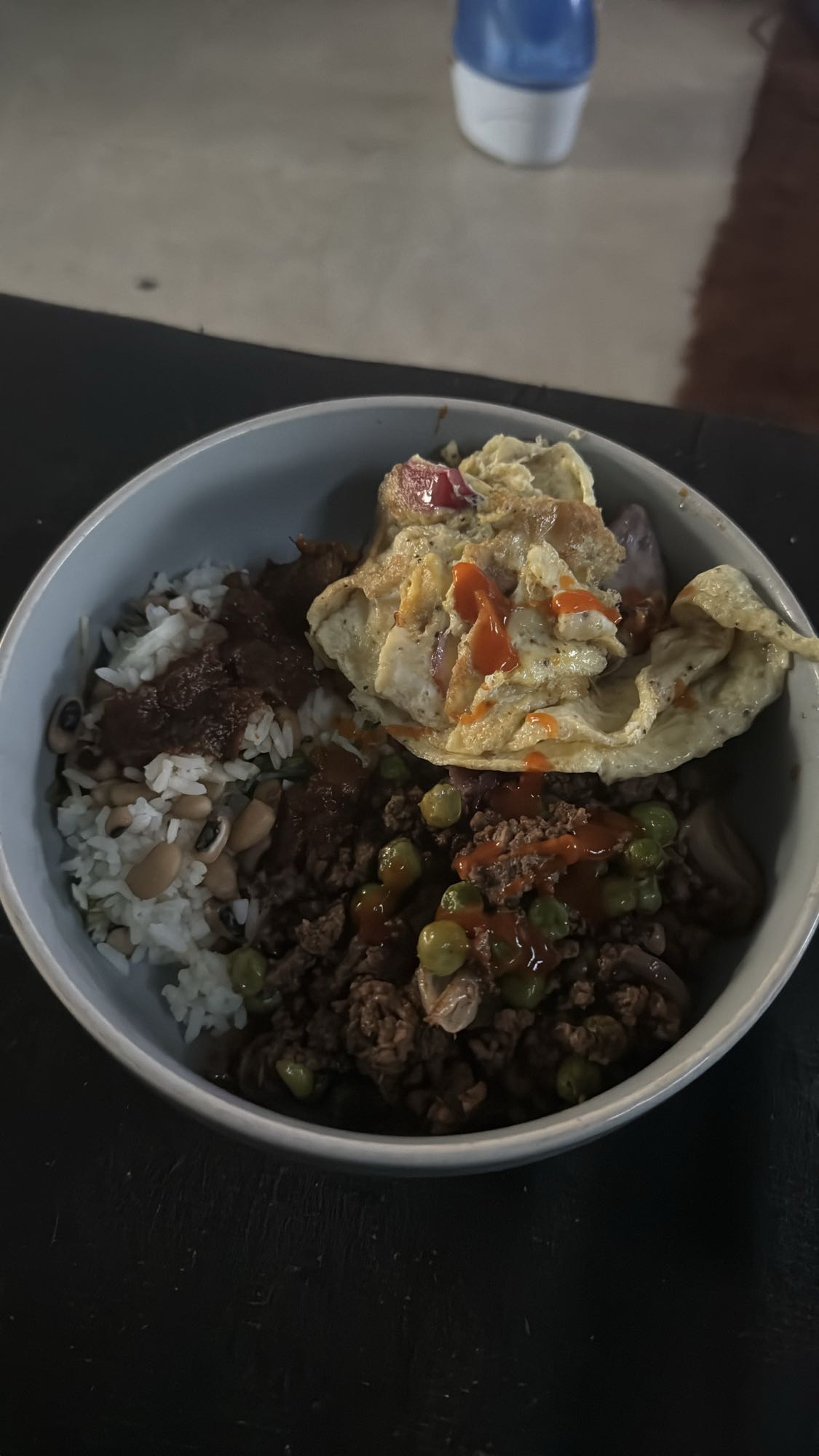 Rice, beans, egg & beef bowl