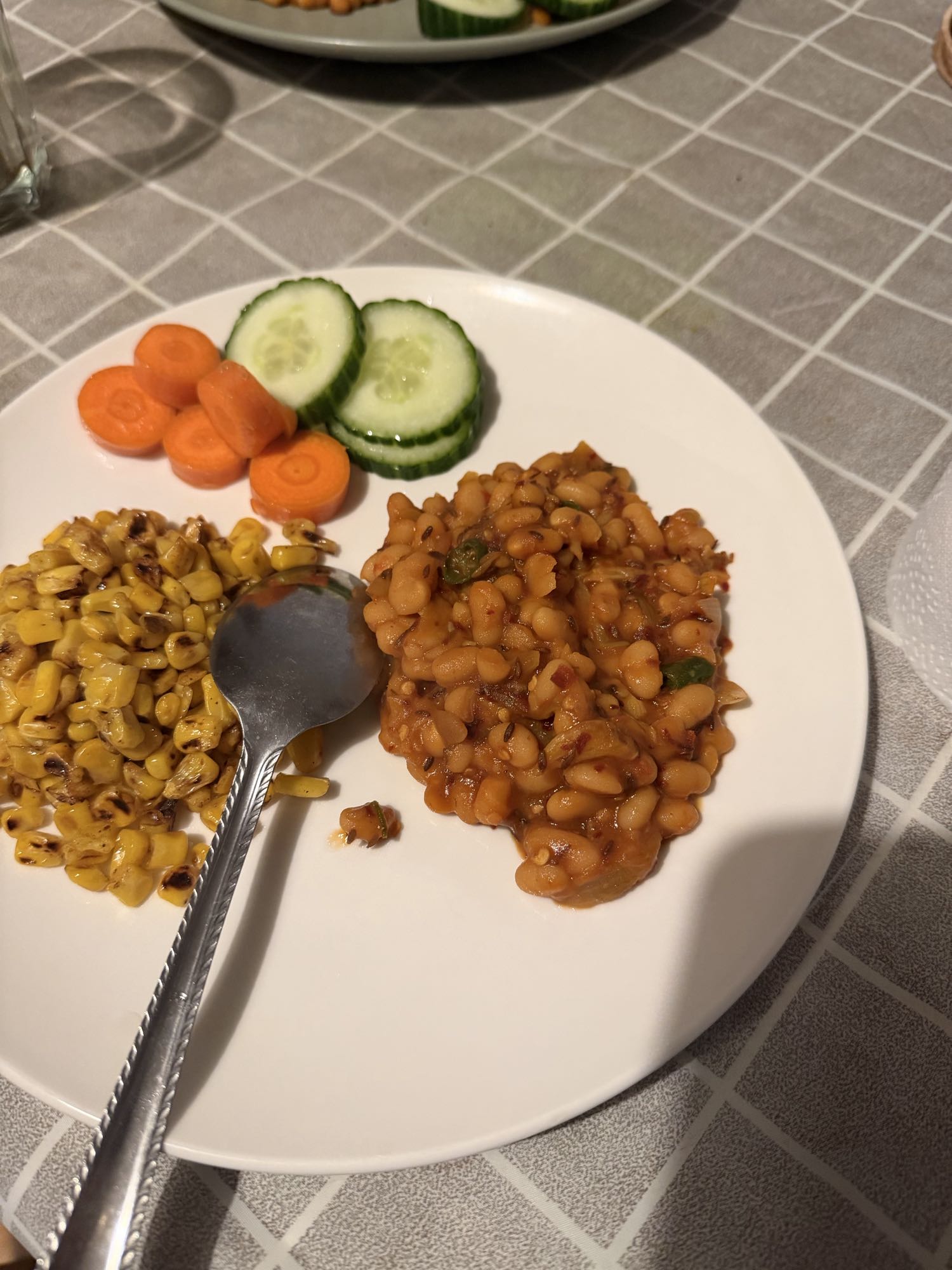 Beans, corn, cucumber, carrot