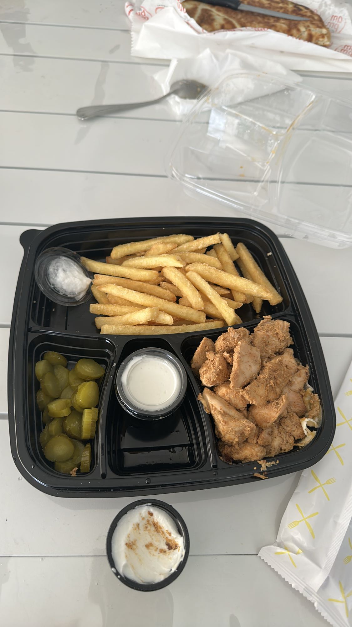Chicken fries pickles meal