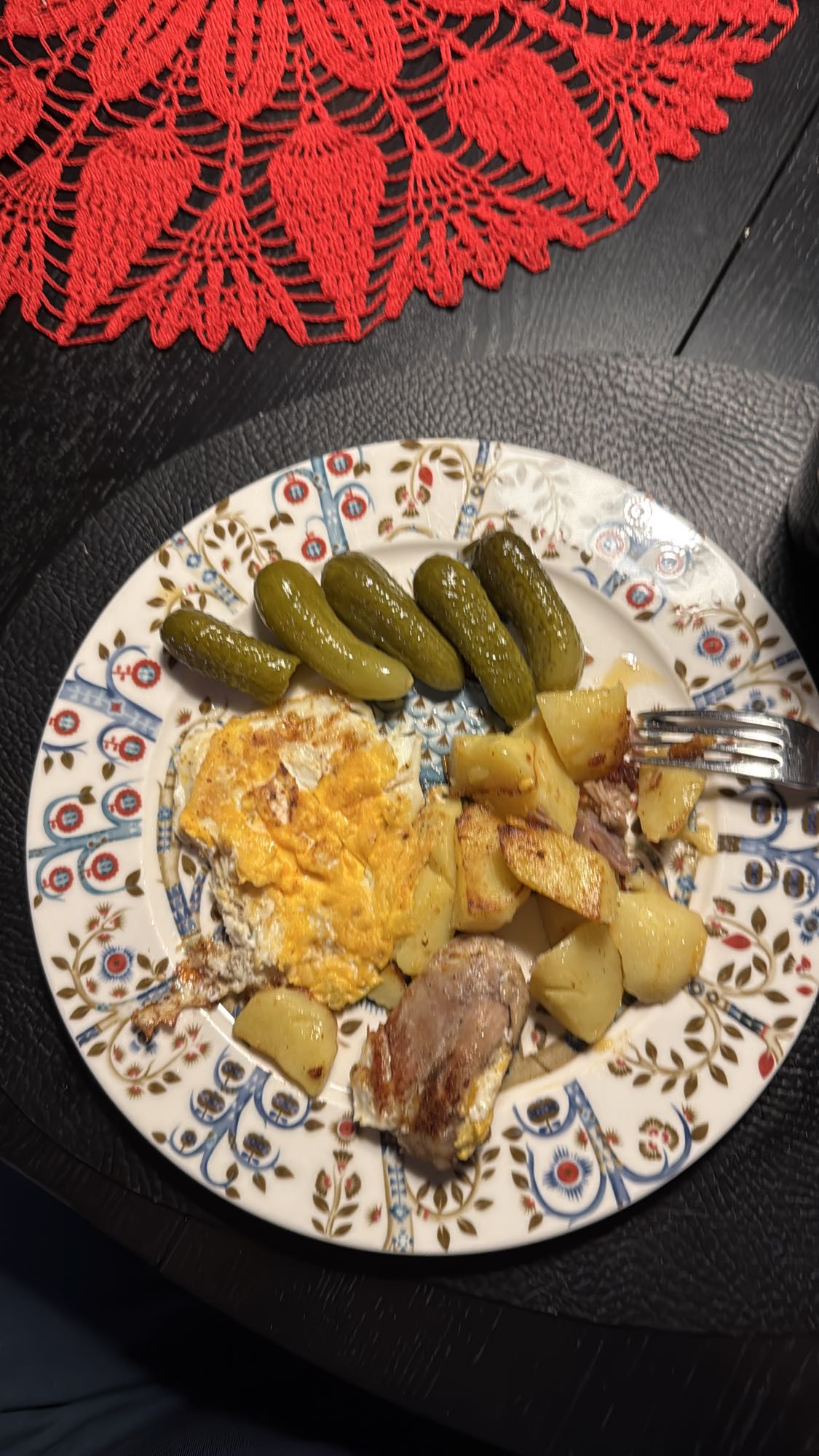 Egg, potato, pickles, meat