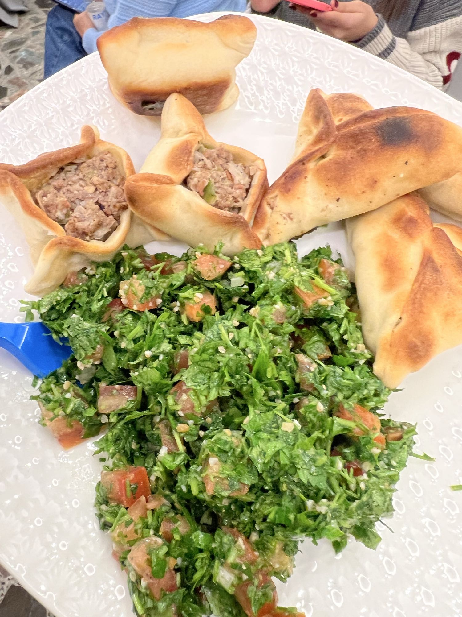 Tabbouleh with 3 meat sambusa and green chard sambusa