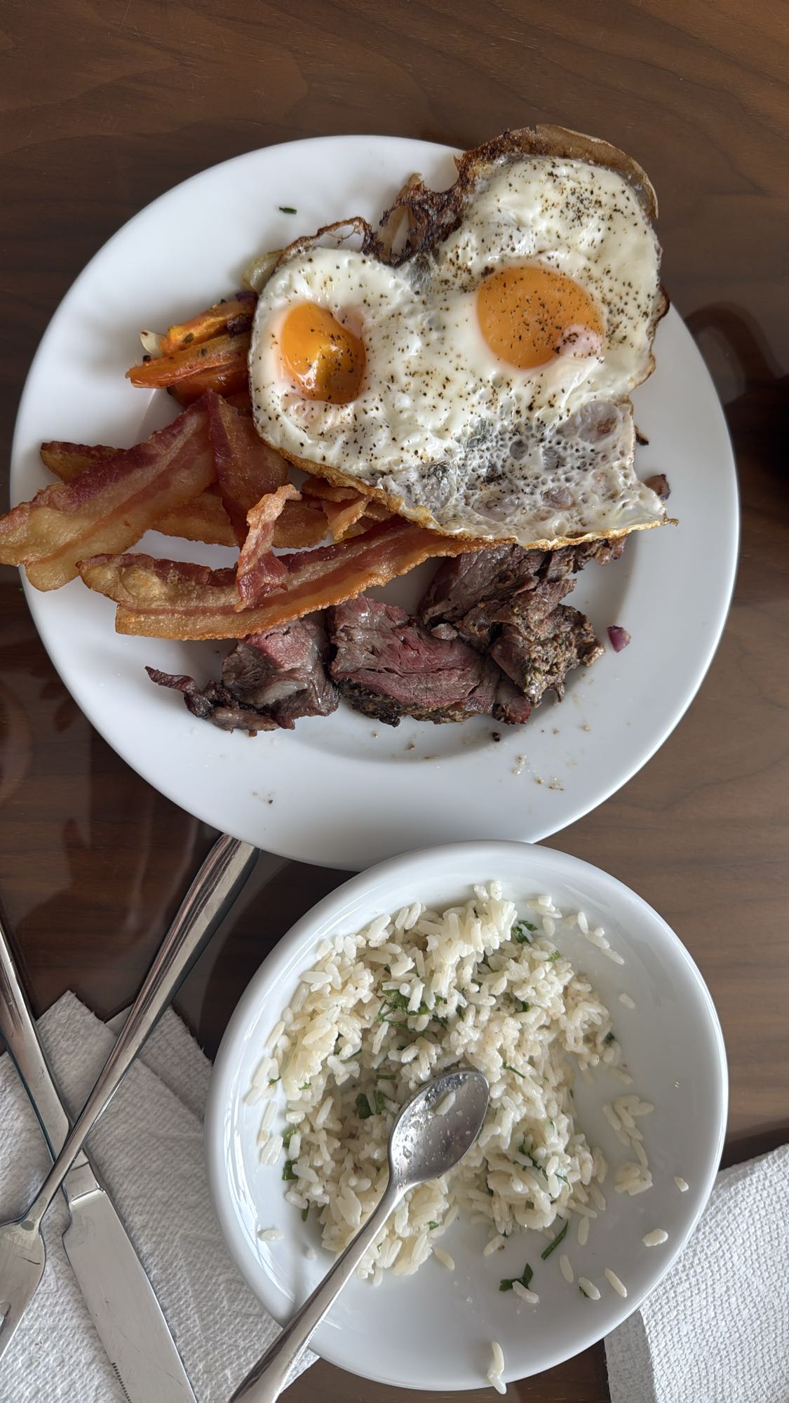 Eggs, Bacon, Steak, Rice