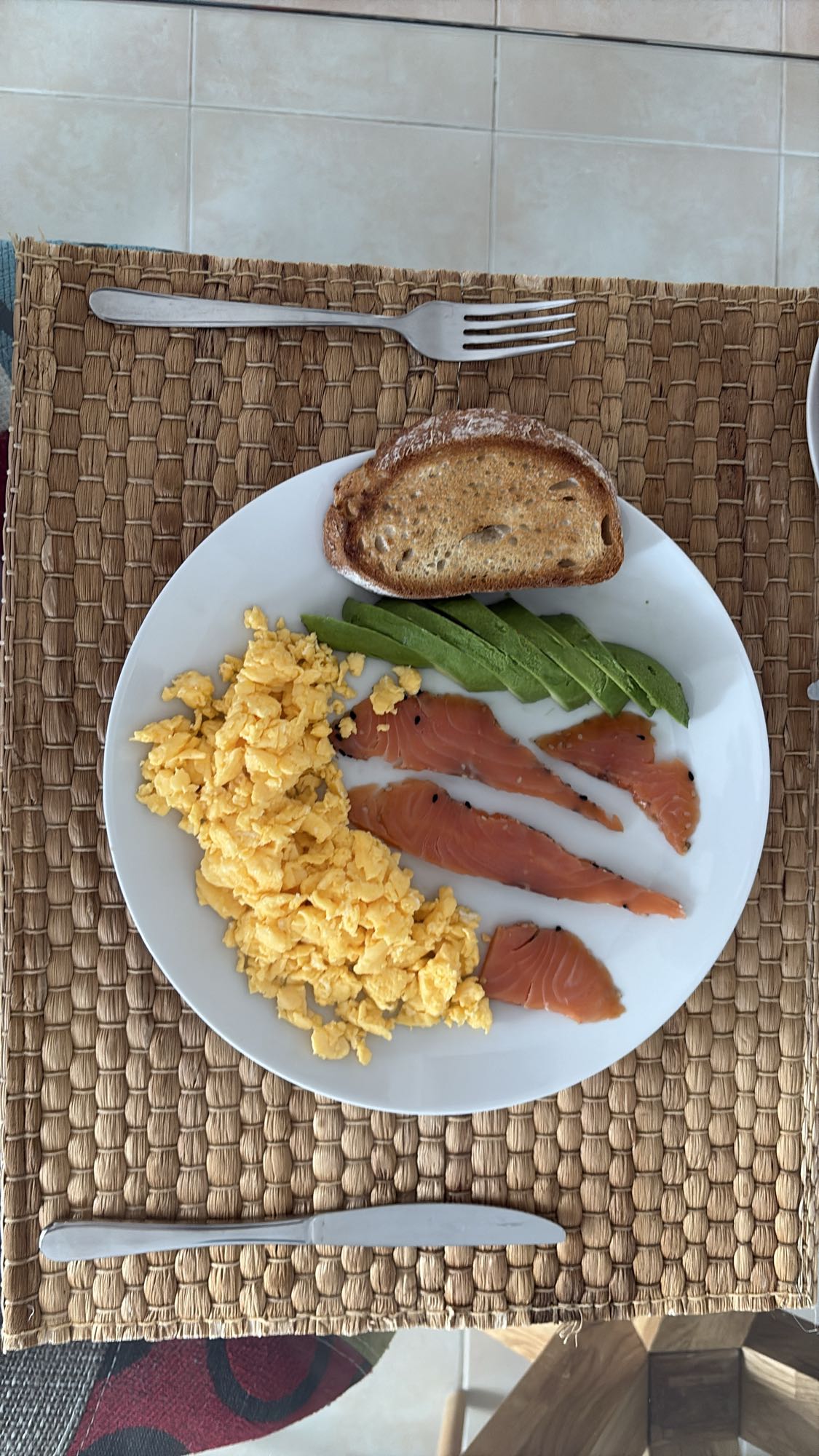 Eggs, salmon, toast, avocado