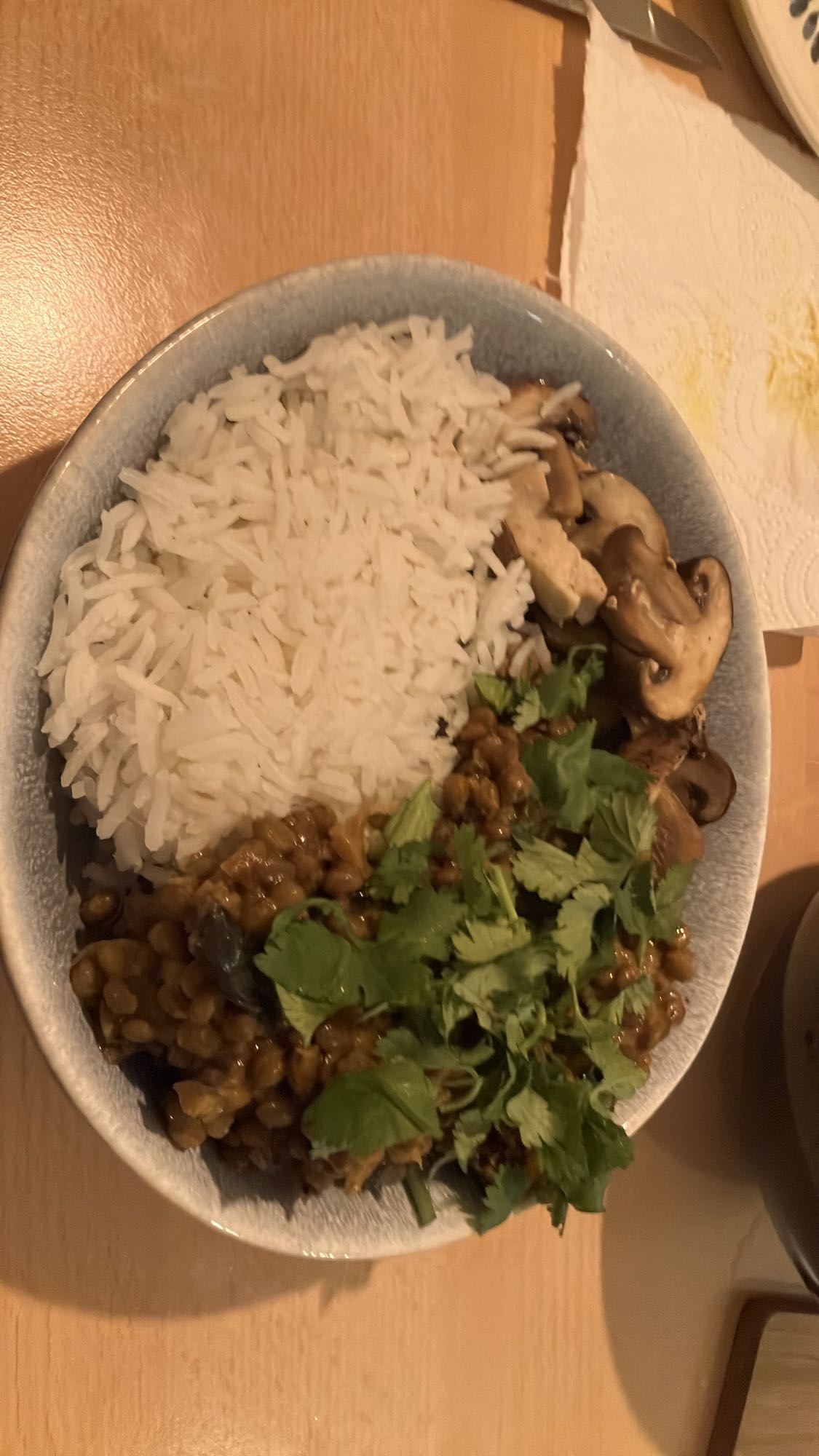 Arroz com curry de berinjela, lentilhas, frango e cogumelos salteados