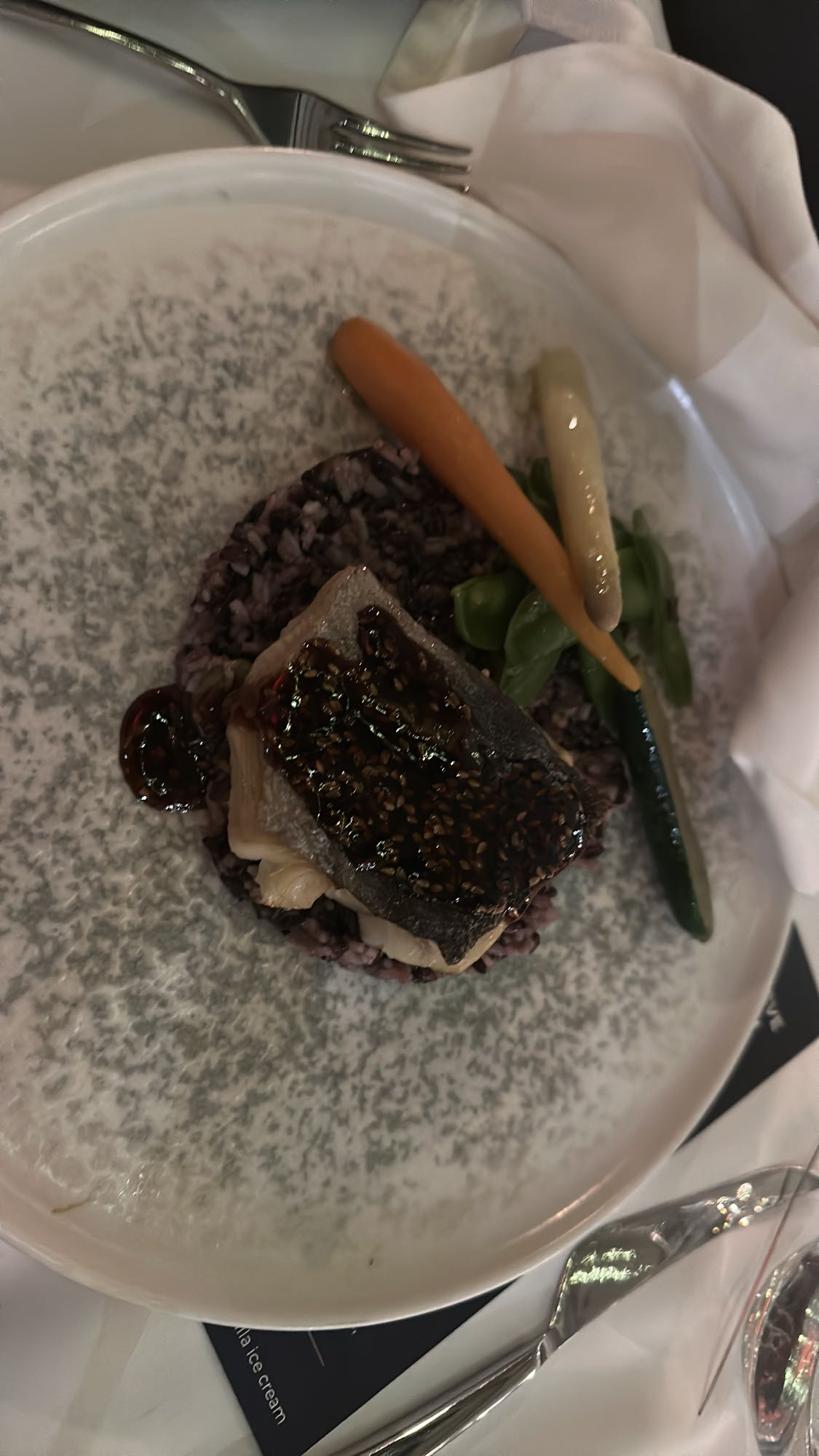 Fish with black rice and veggies
