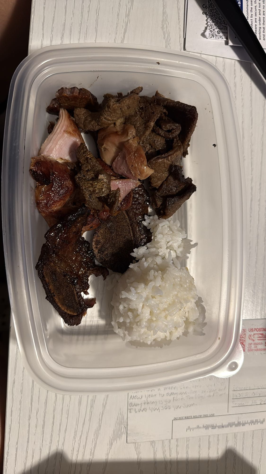 Hawaiian ono bbq. One scoop of rice, barbecue beef and barbecue chicken.