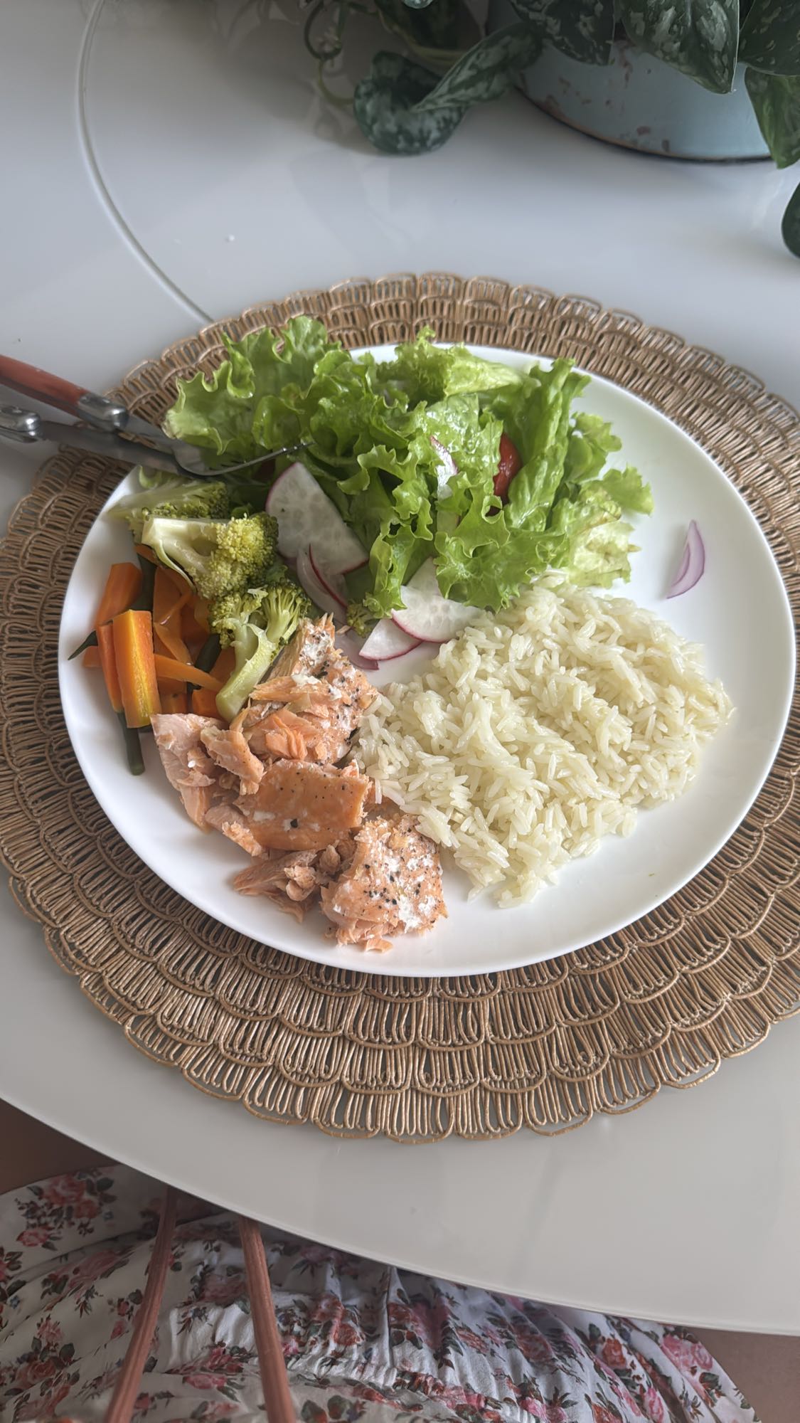 Salmão, arroz e salada