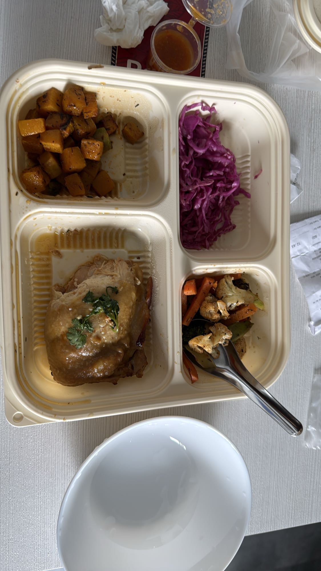 Boneless chicken thigh with charred vegetables and herb roast pumpkin