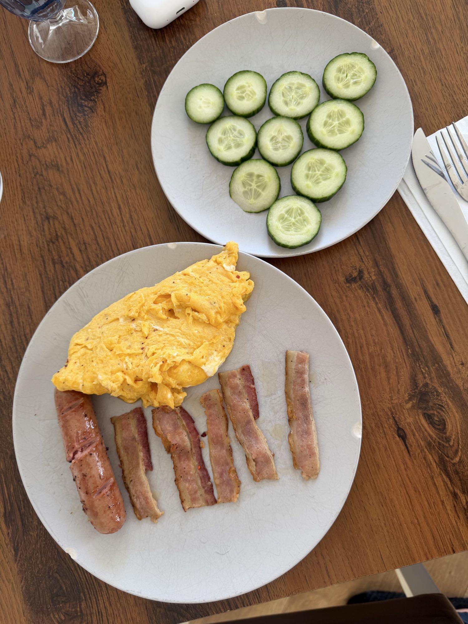 Eggs, Bacon, Sausage, Cucumber
