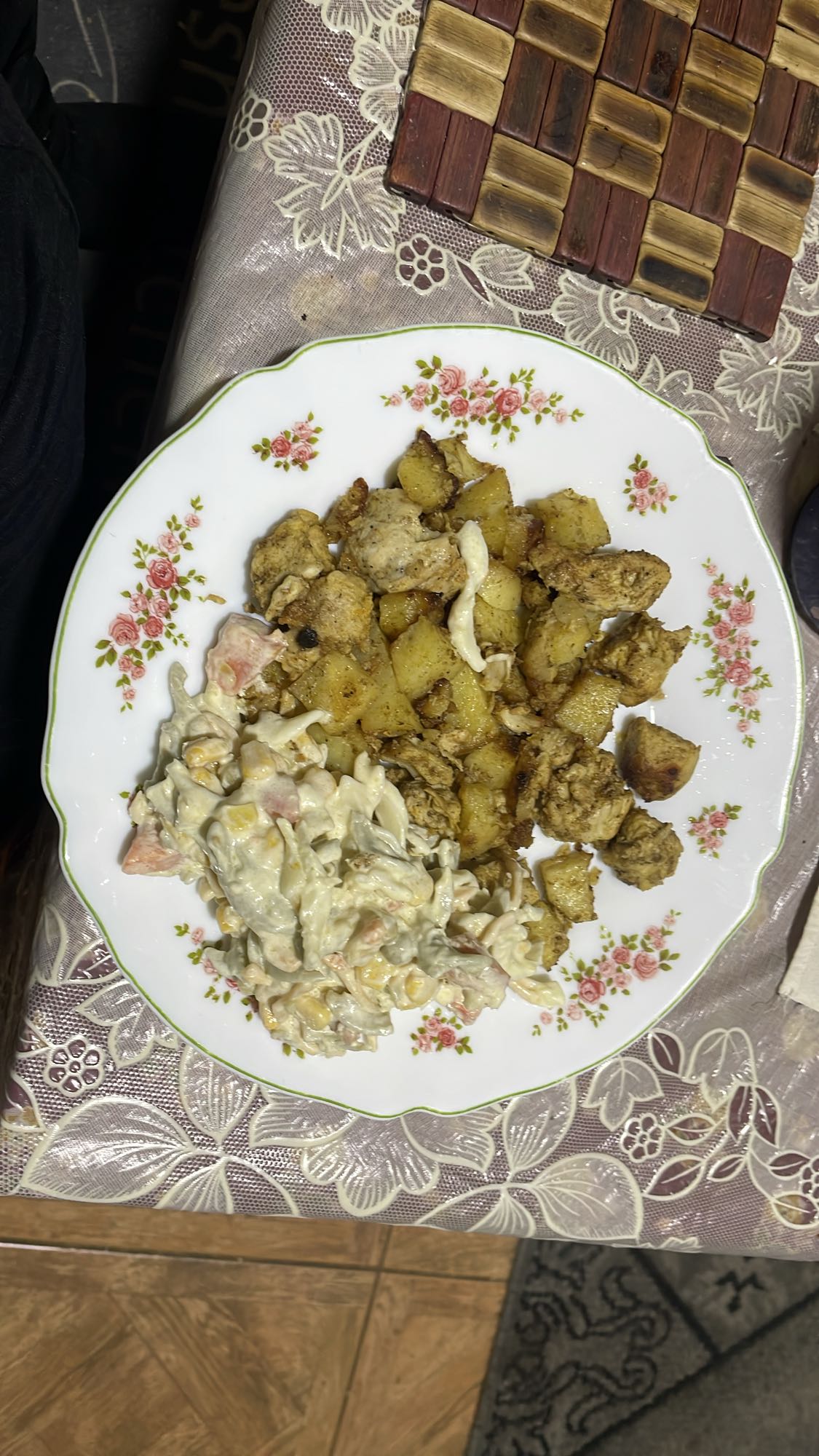 Chicken potato pasta plate