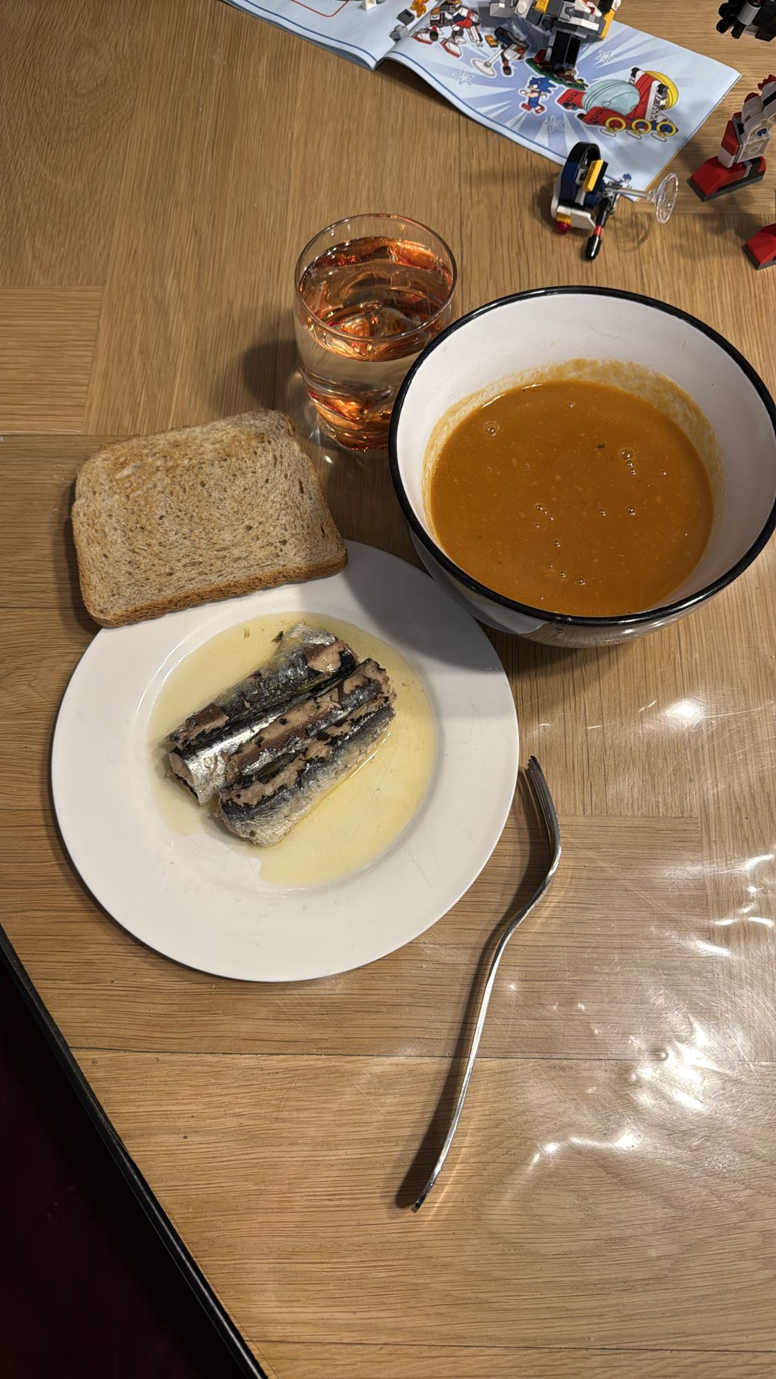 Sardines, whole wheat toast, and lobster bisque