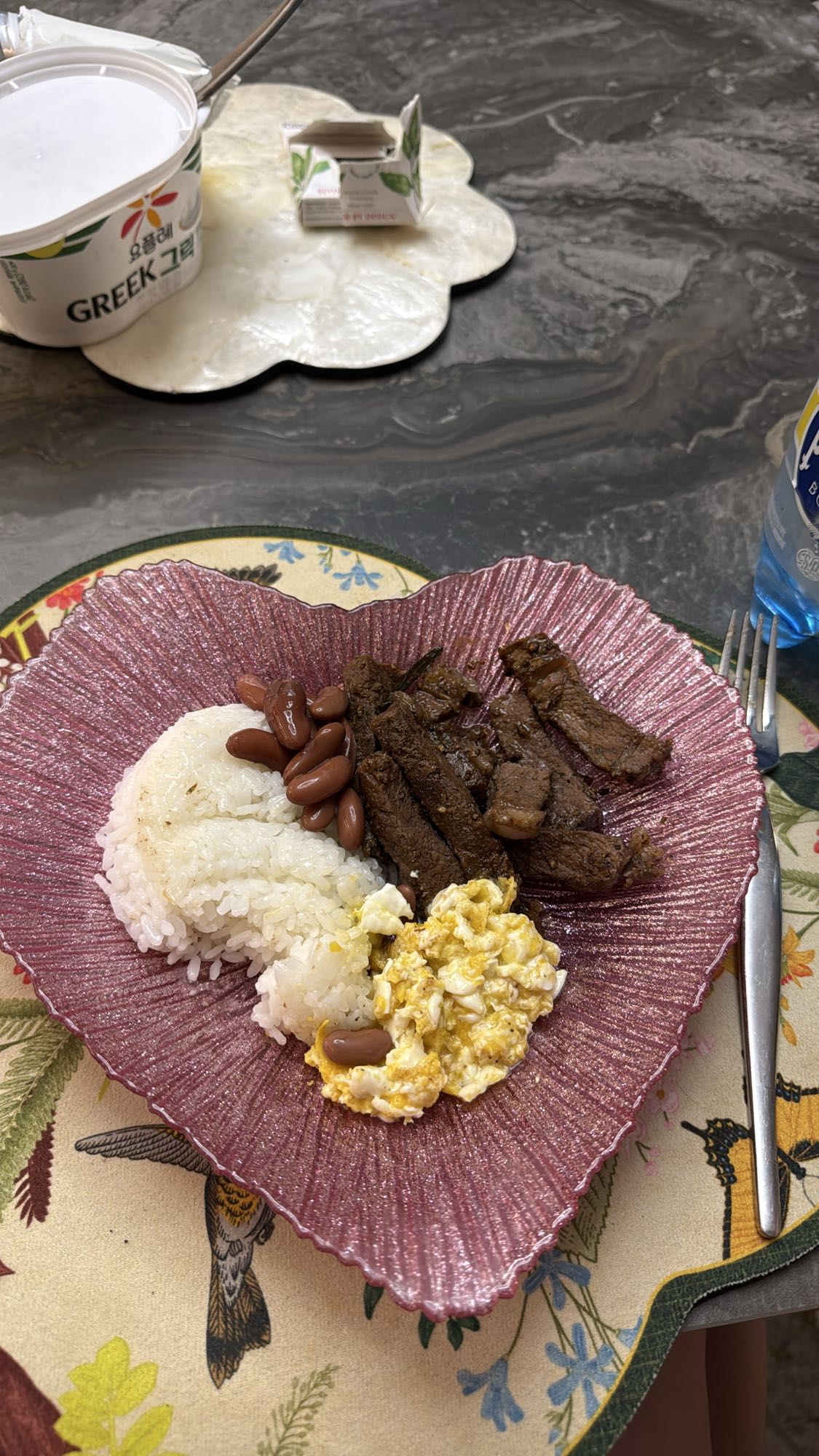 Beef, rice, beans, egg plate
