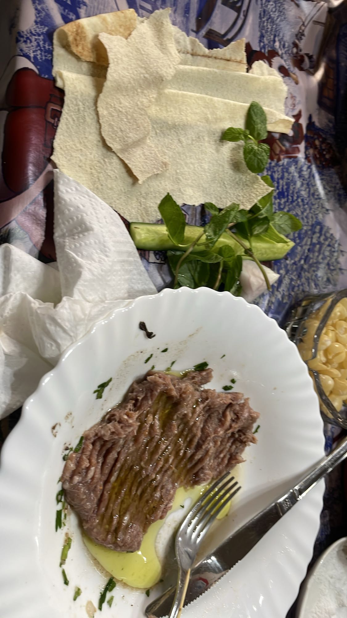 Beef with flatbread and greens