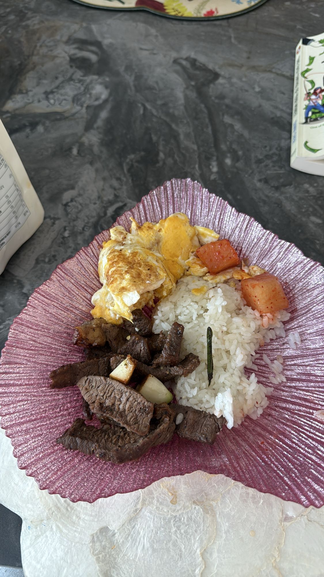 Beef, egg, rice & kimchi plate