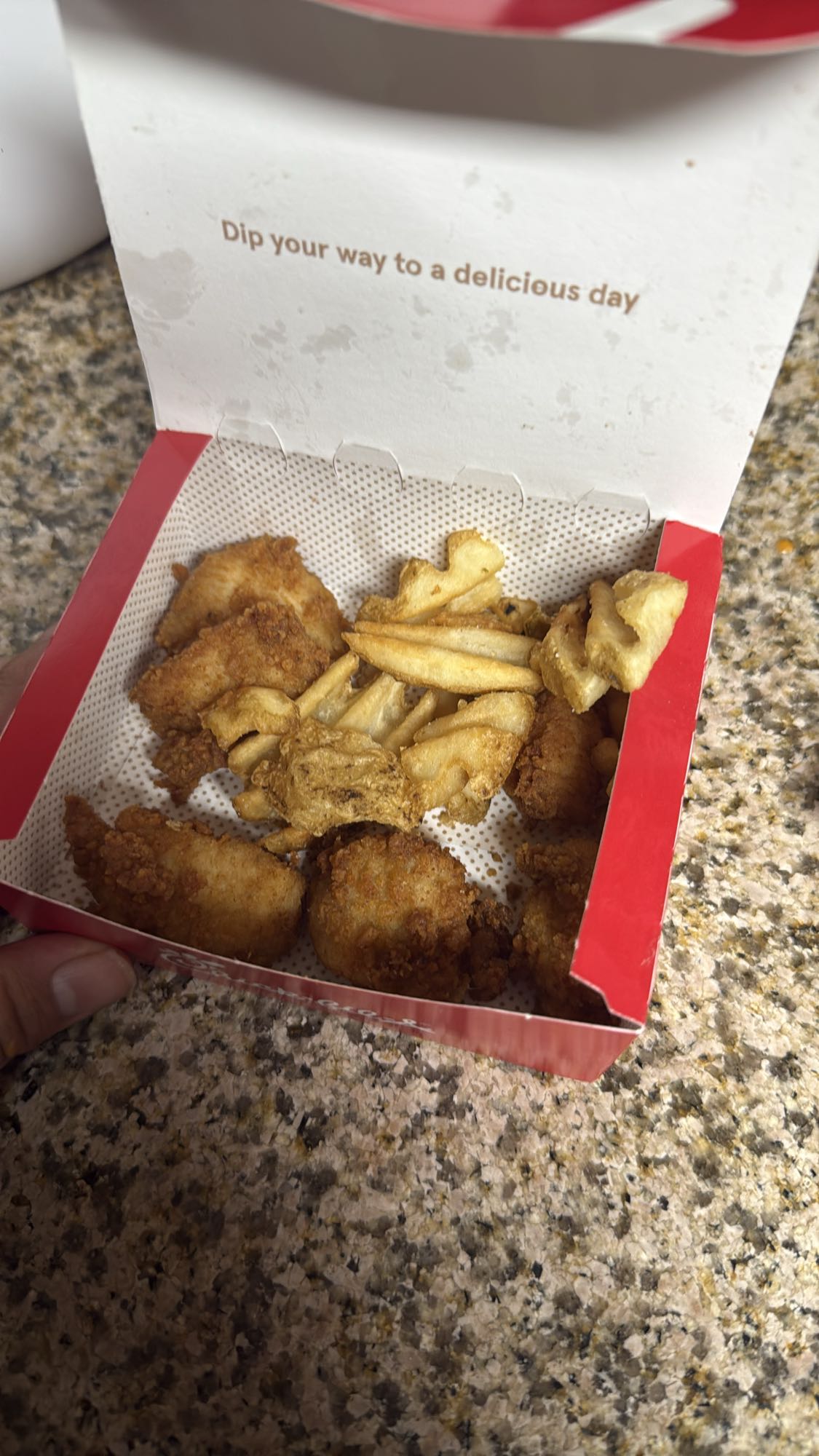 Five little nuggets and three waffle fries