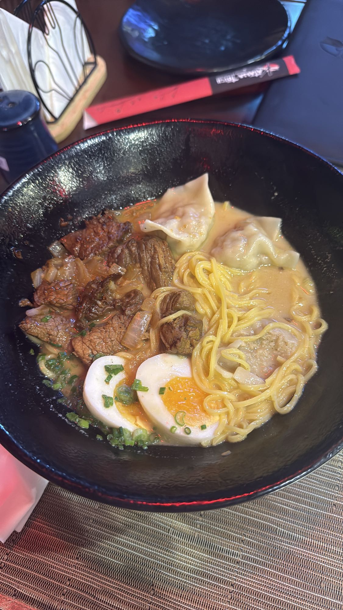 Beef ramen with dumplings