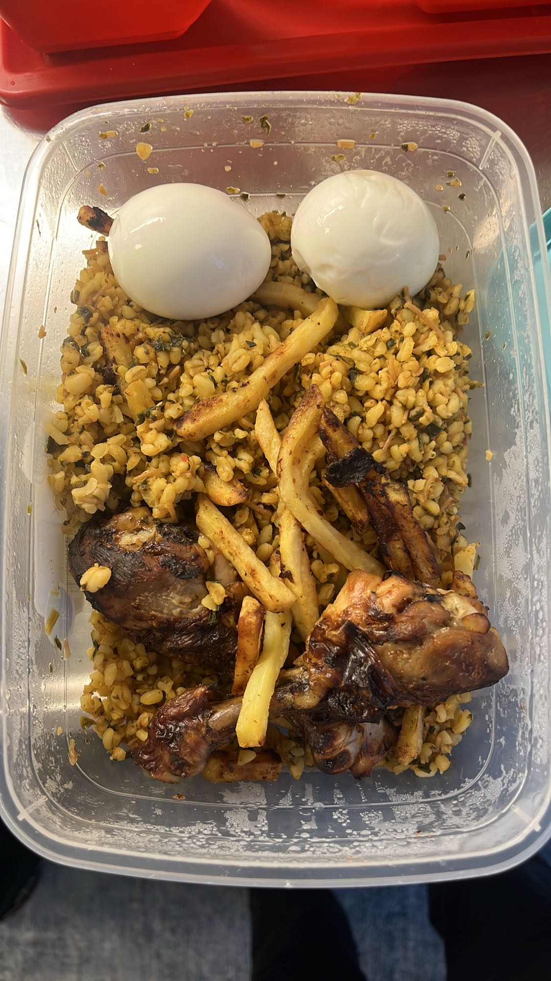 Eggs, Chicken, Bulgur, Fries