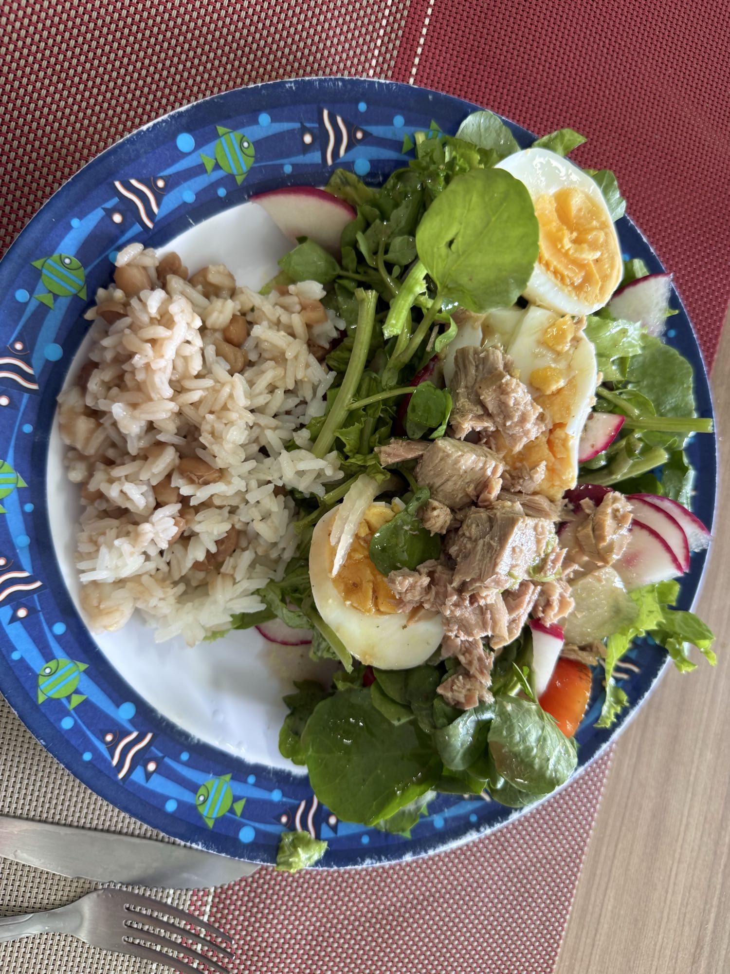 Arroz, feijão e salada com atum