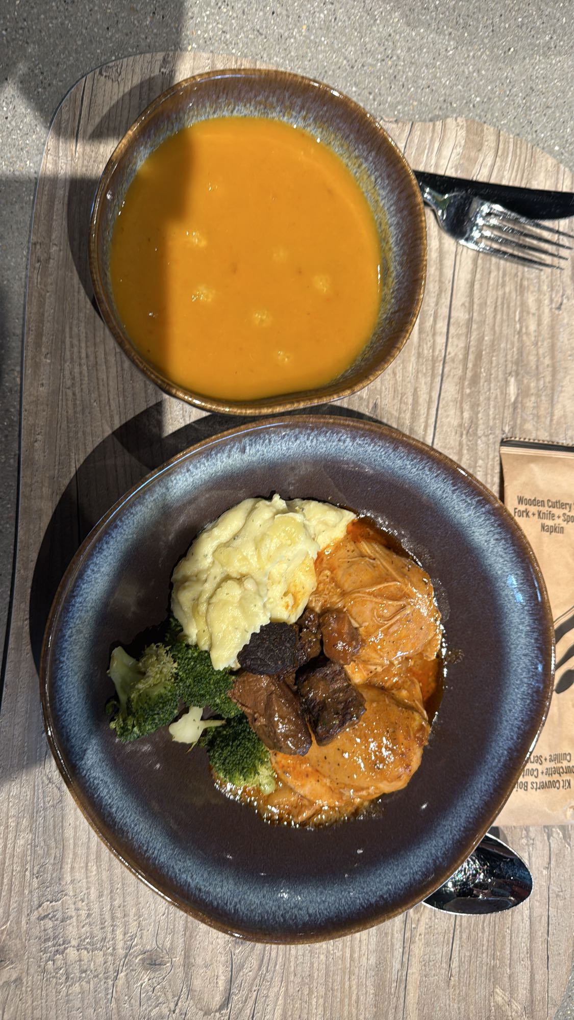 Beef stew, mash, soup