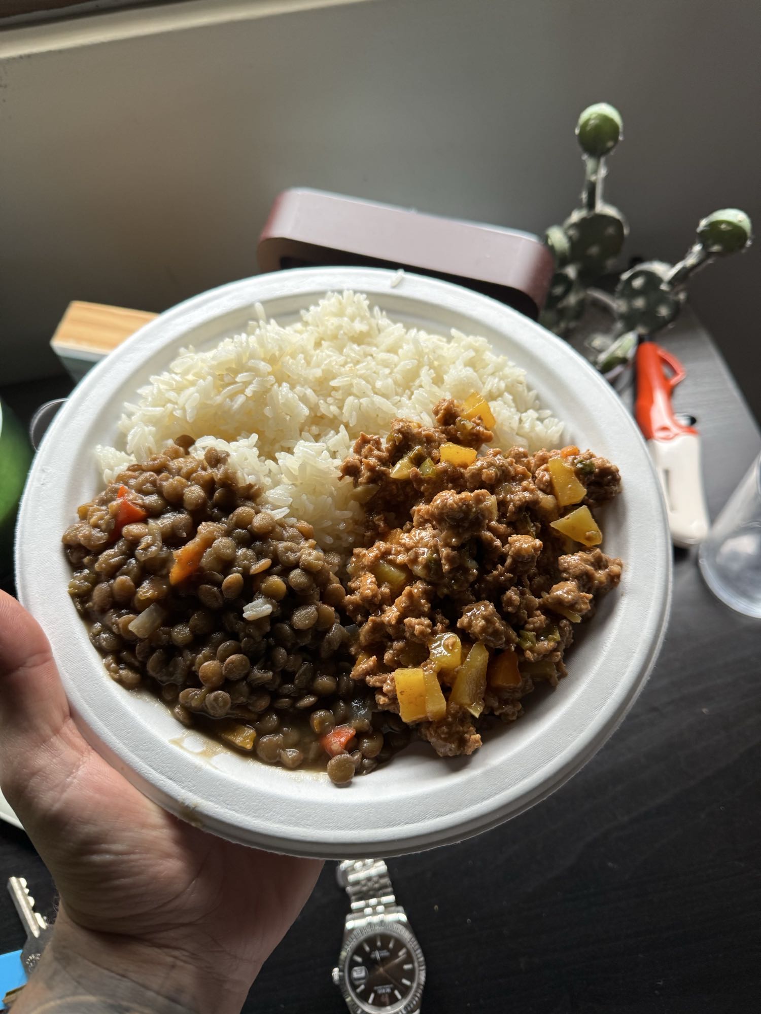 Arroz, lentejas y carne molida