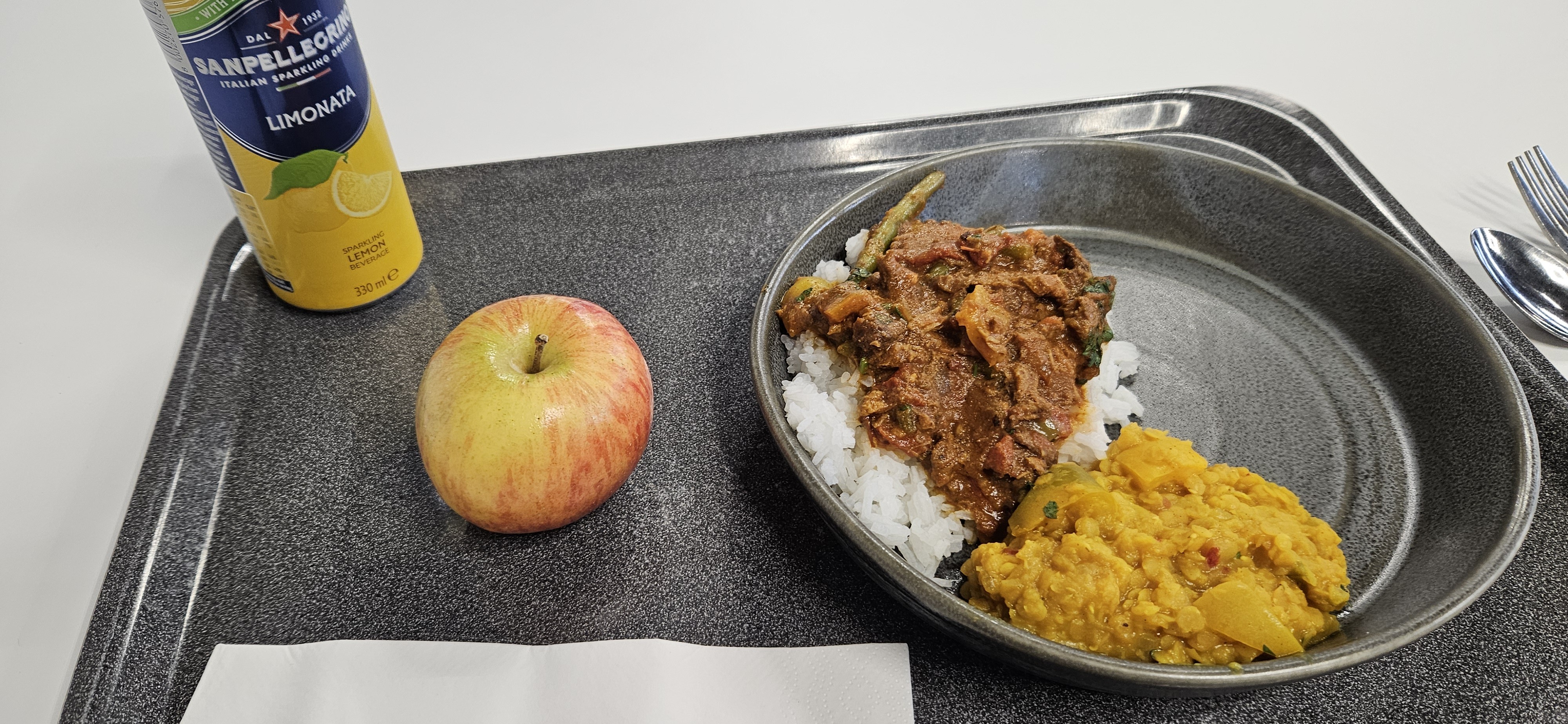 Rice curry, dal, apple, soda