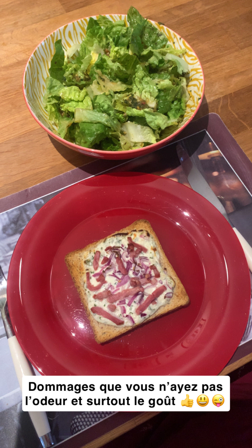 Tartine garniture tarte flambée et salade verte