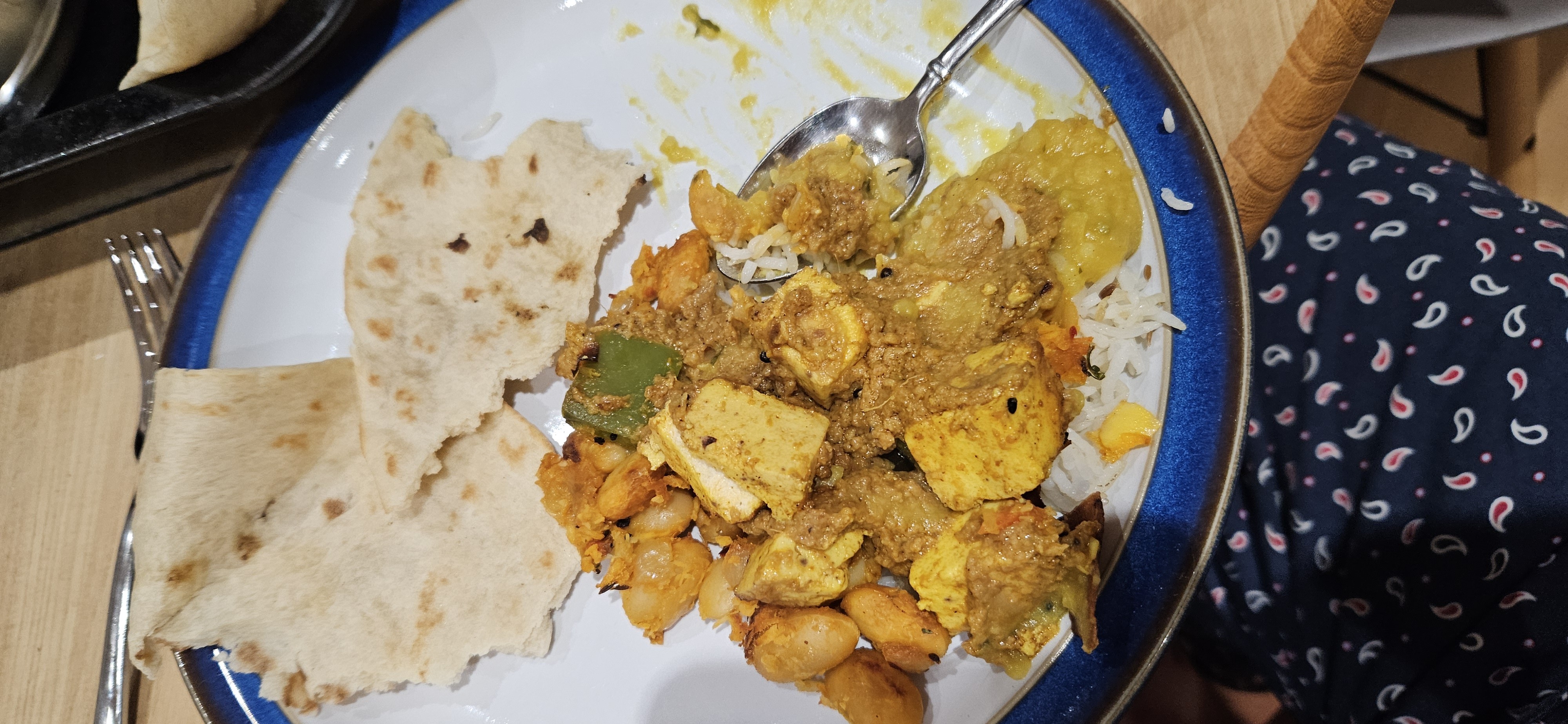 Paneer curry with rice and naan