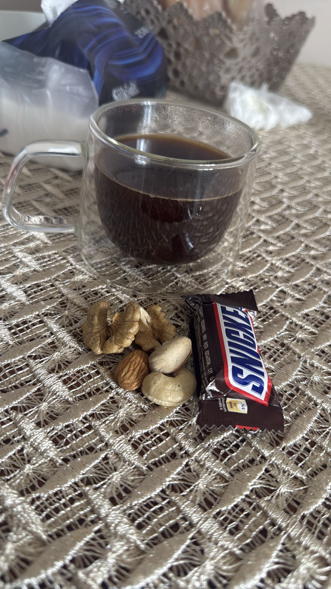 Coffee, nuts, mini Snickers