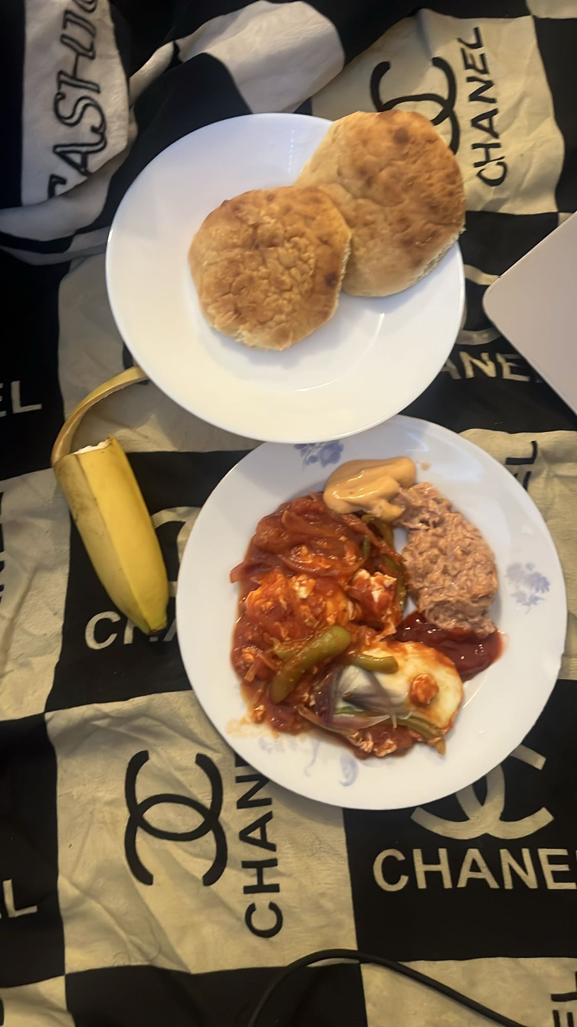 Eggs, buns, tuna, banana