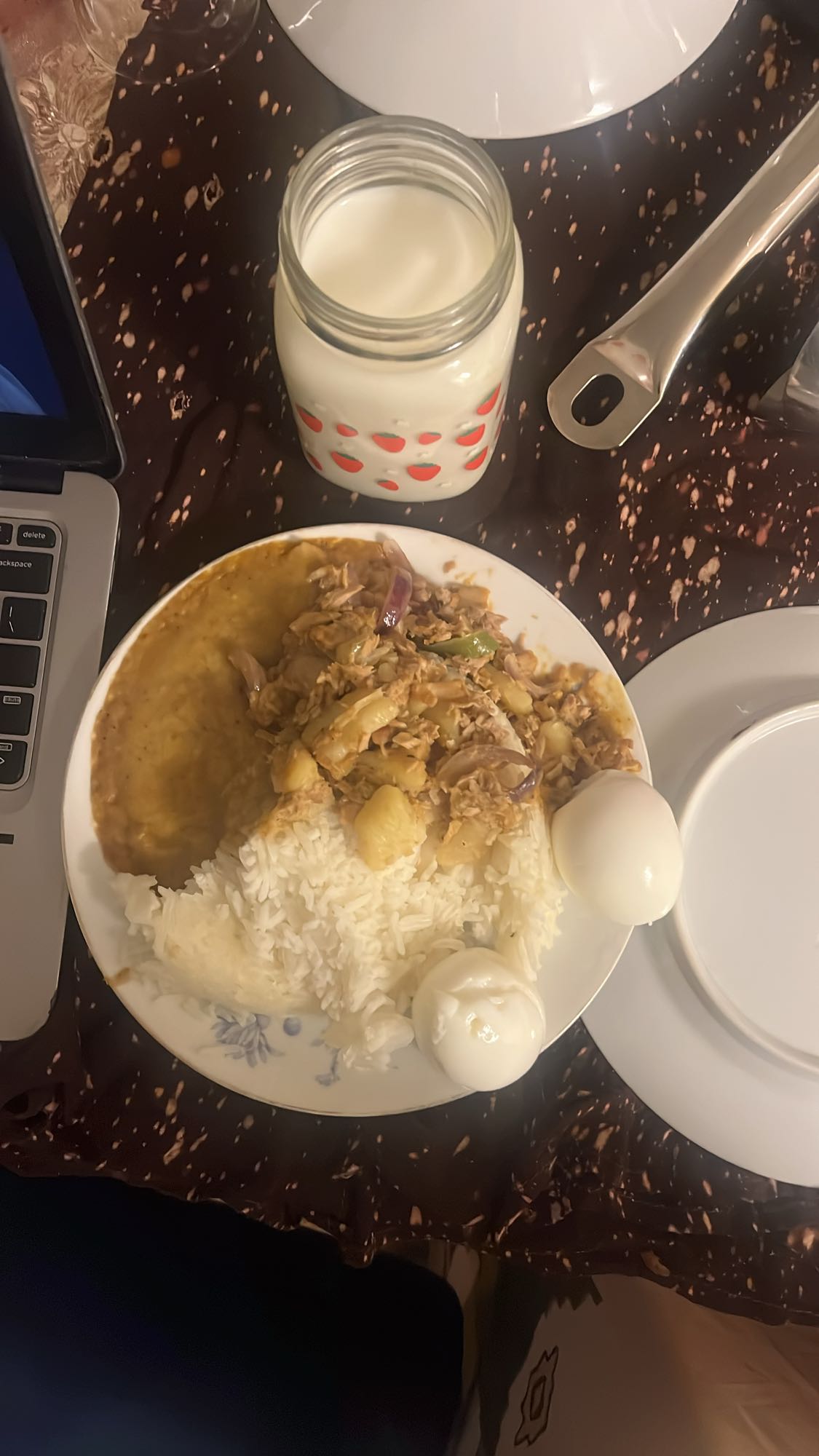 Rice, eggs, curry & milk
