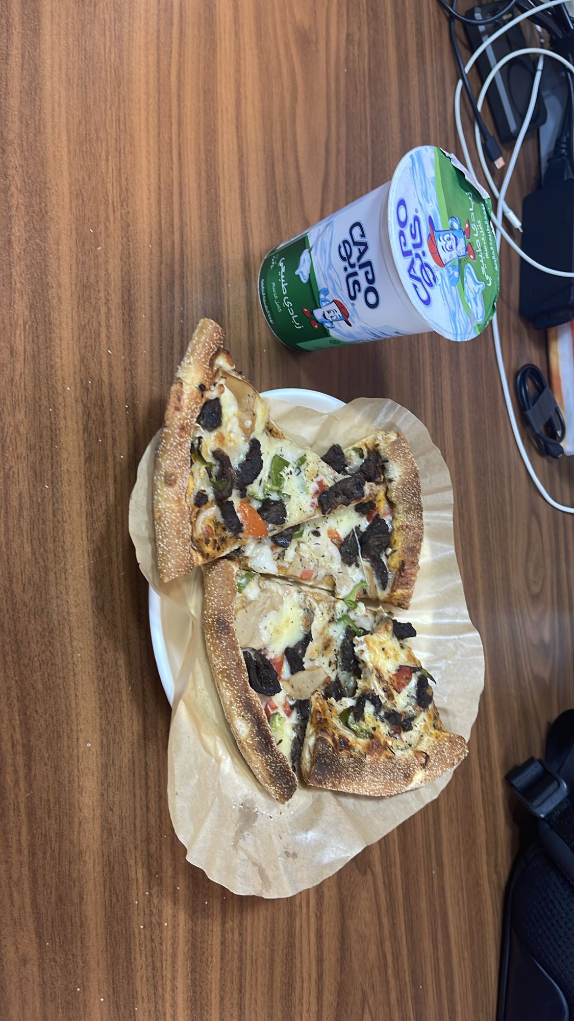 Pizza slices with yogurt drink