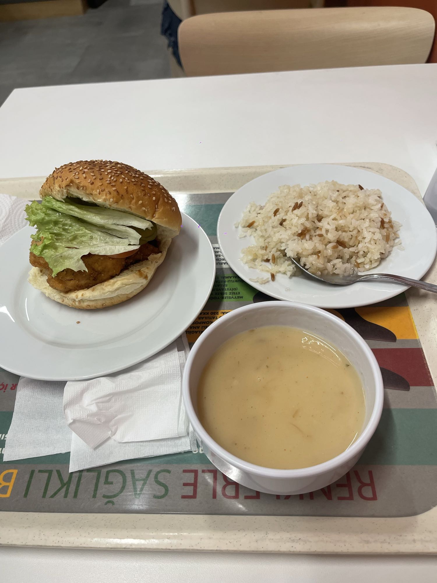 Chicken Burger, Rice, Soup