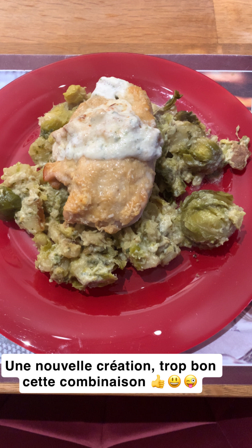 Blanc de poulet gratiné poêlée choux de Bruxelles