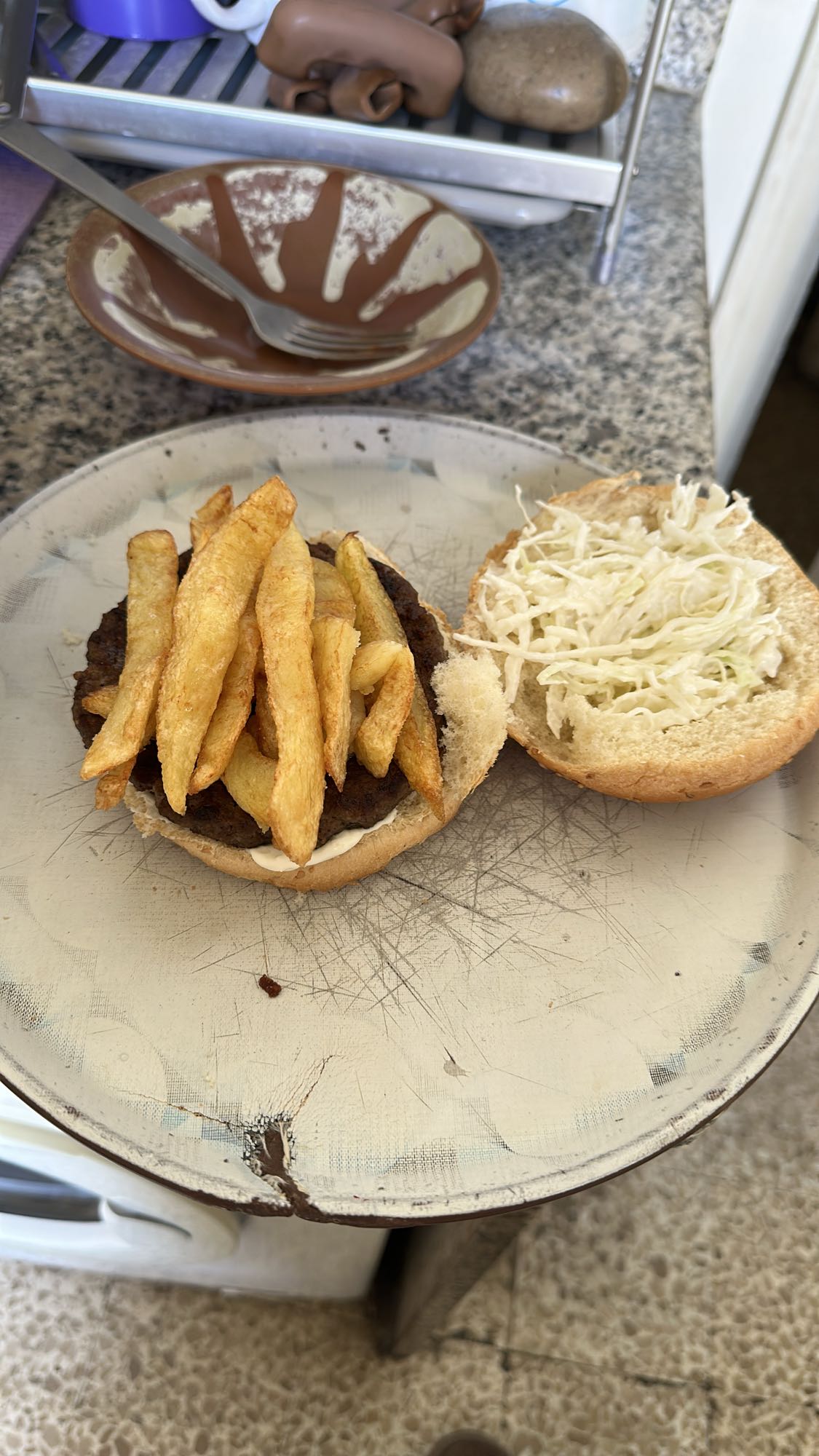 Burger with fries and slaw