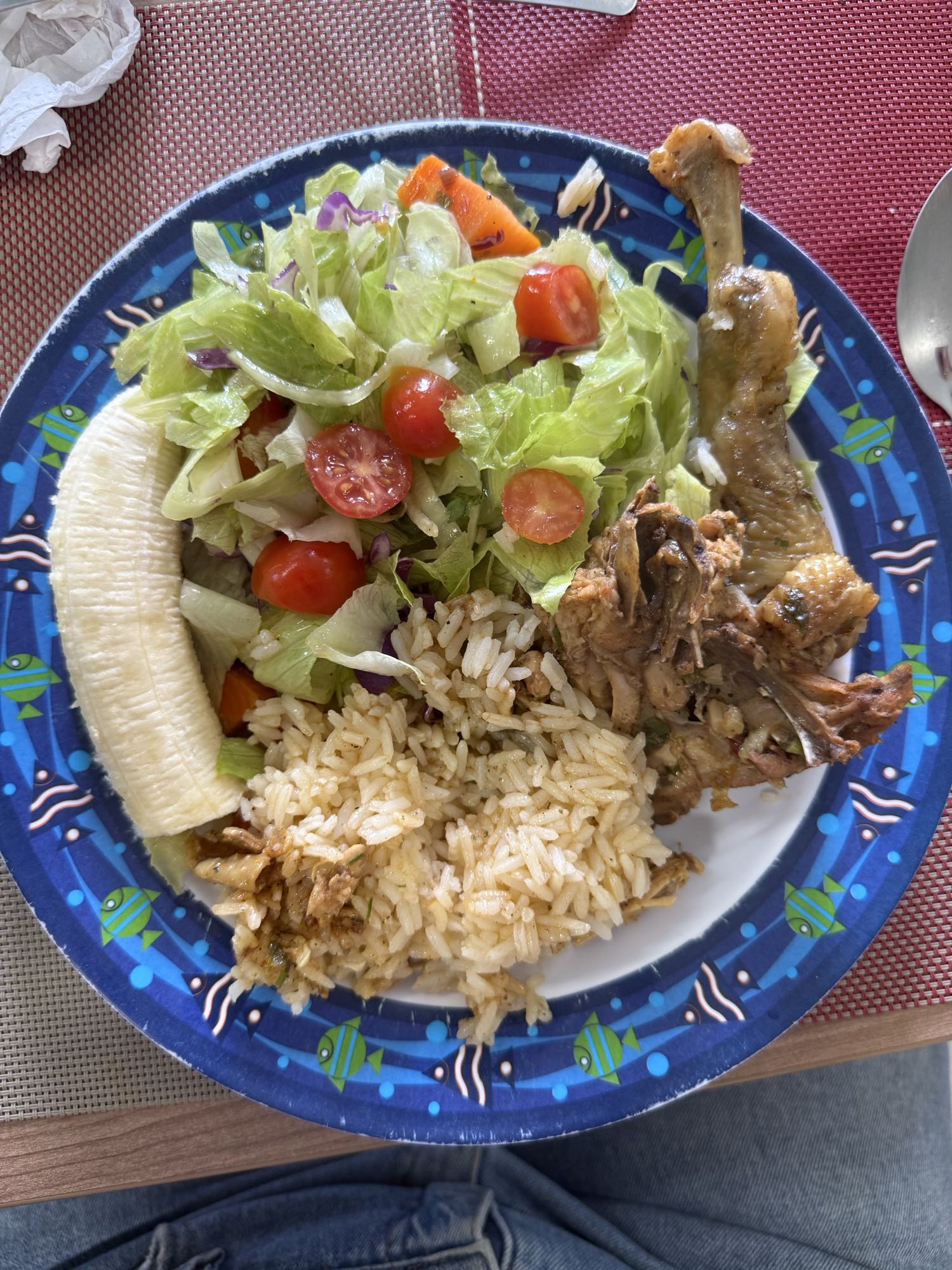 Frango, arroz, salada e banana
