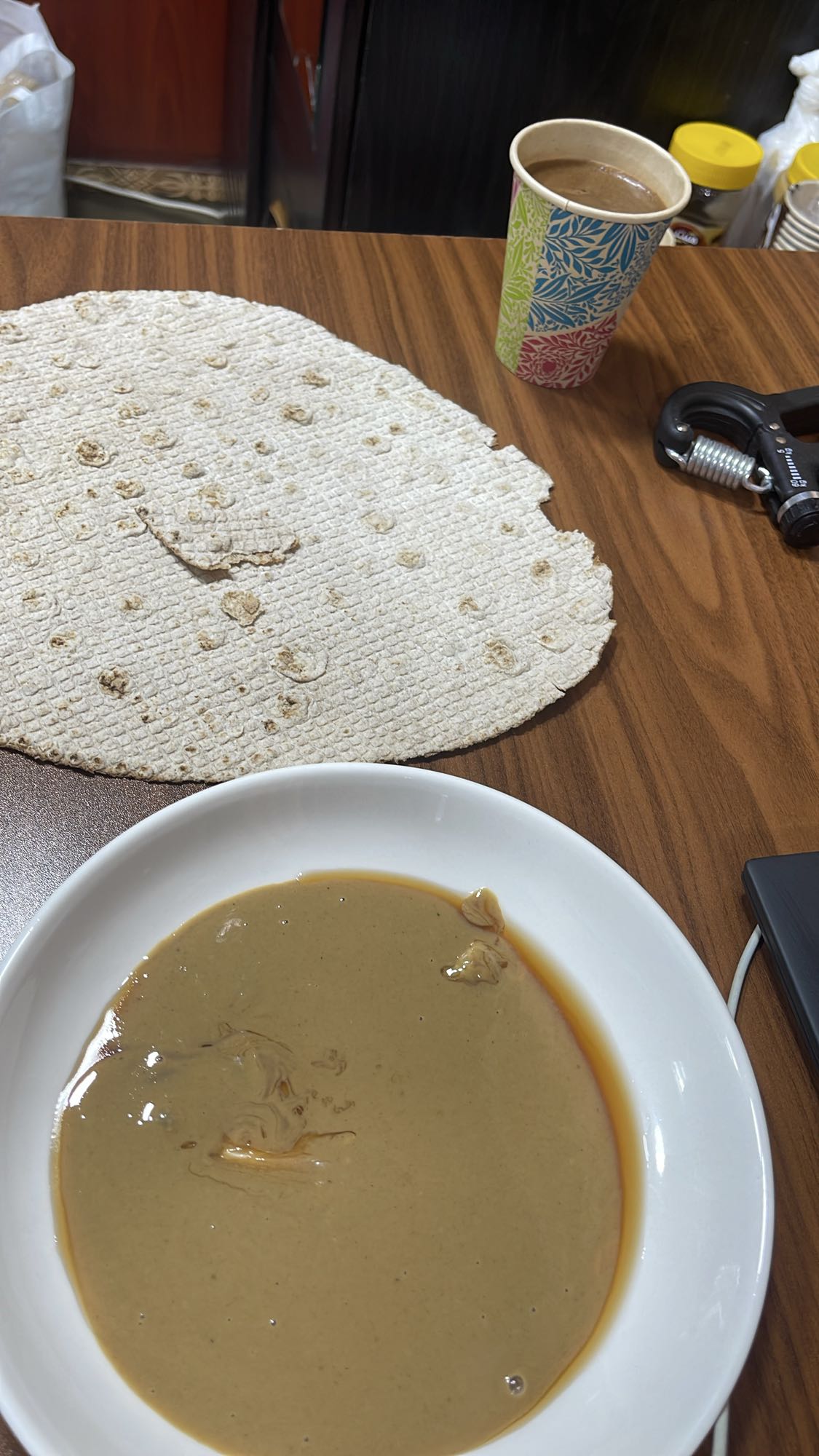 Tahini, flatbread, coffee