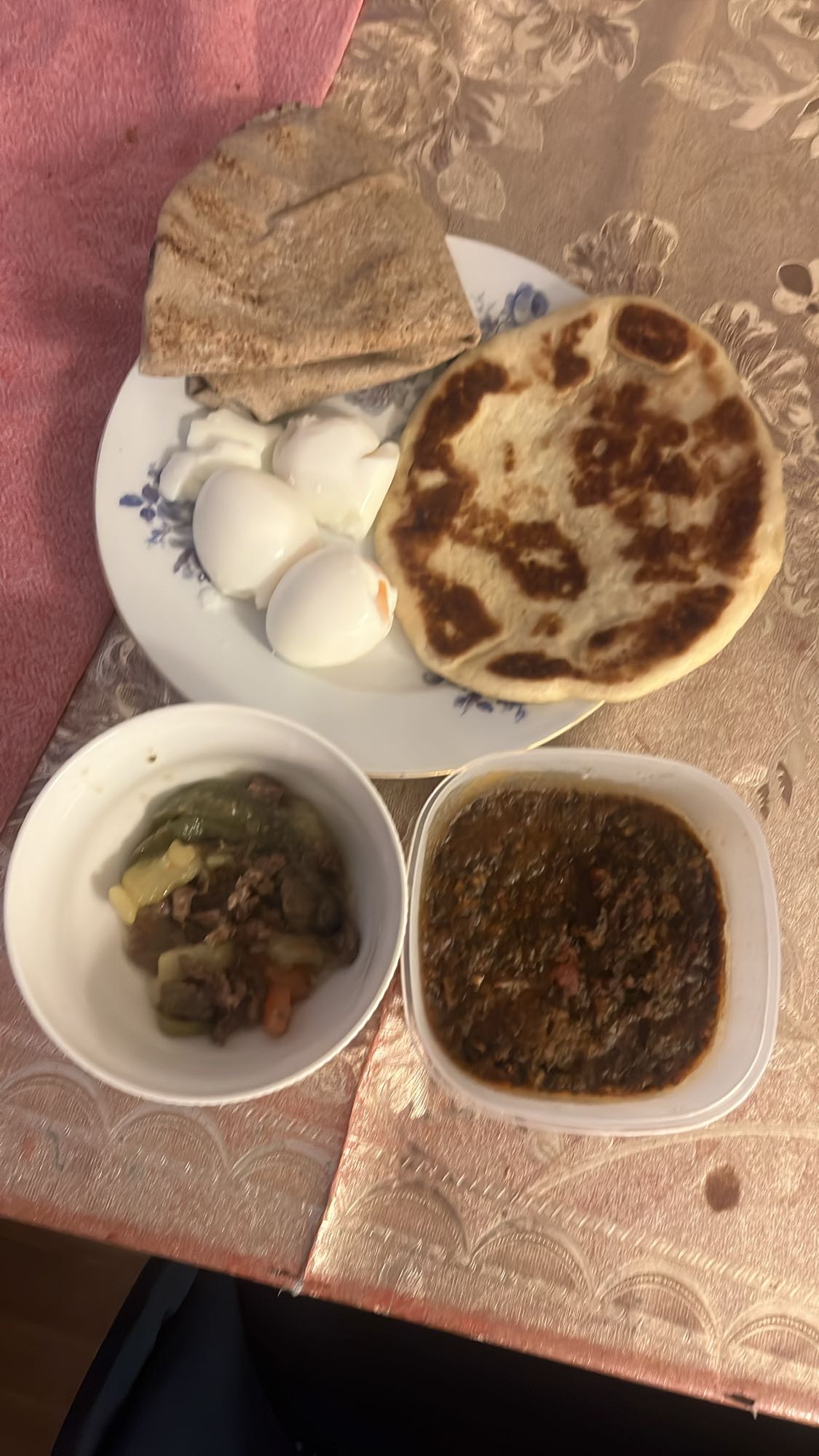 Eggs, bread, stew, veggies