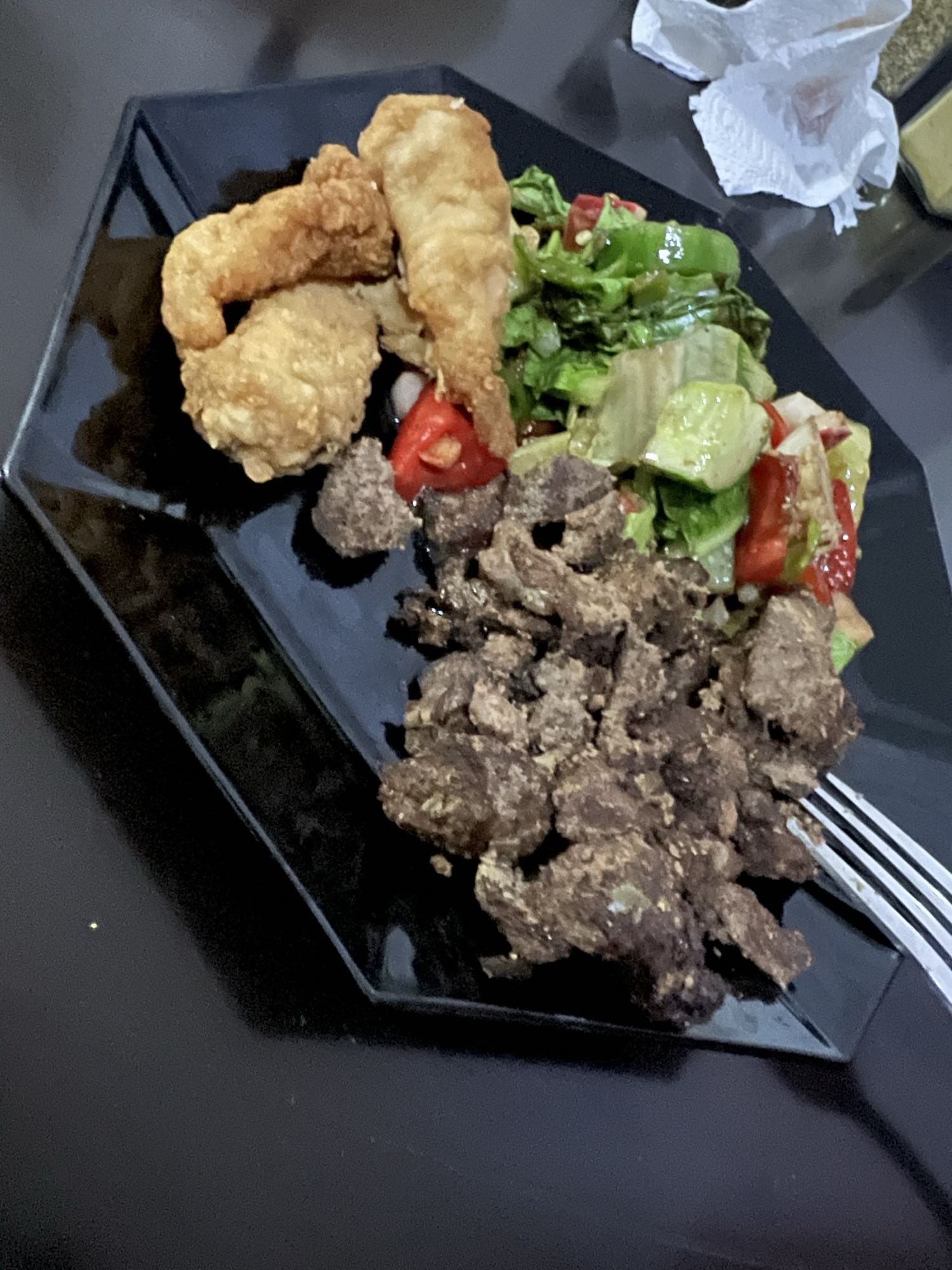 Shawarma, fried finger fish and salad