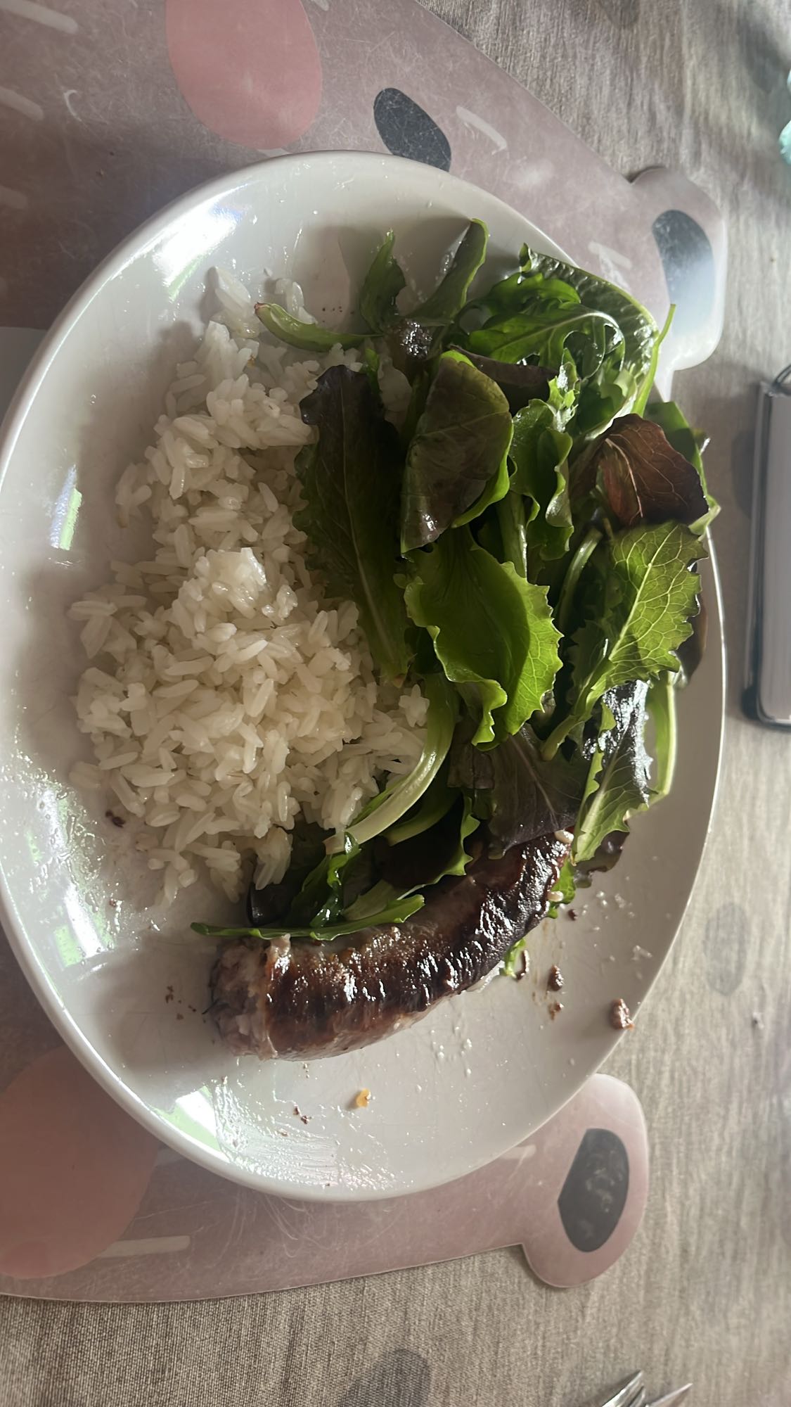 Salchicha con arroz y ensalada