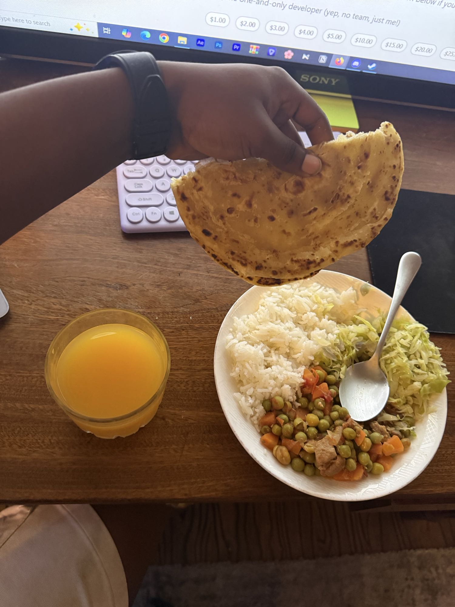 Chapati, rice, veg, juice