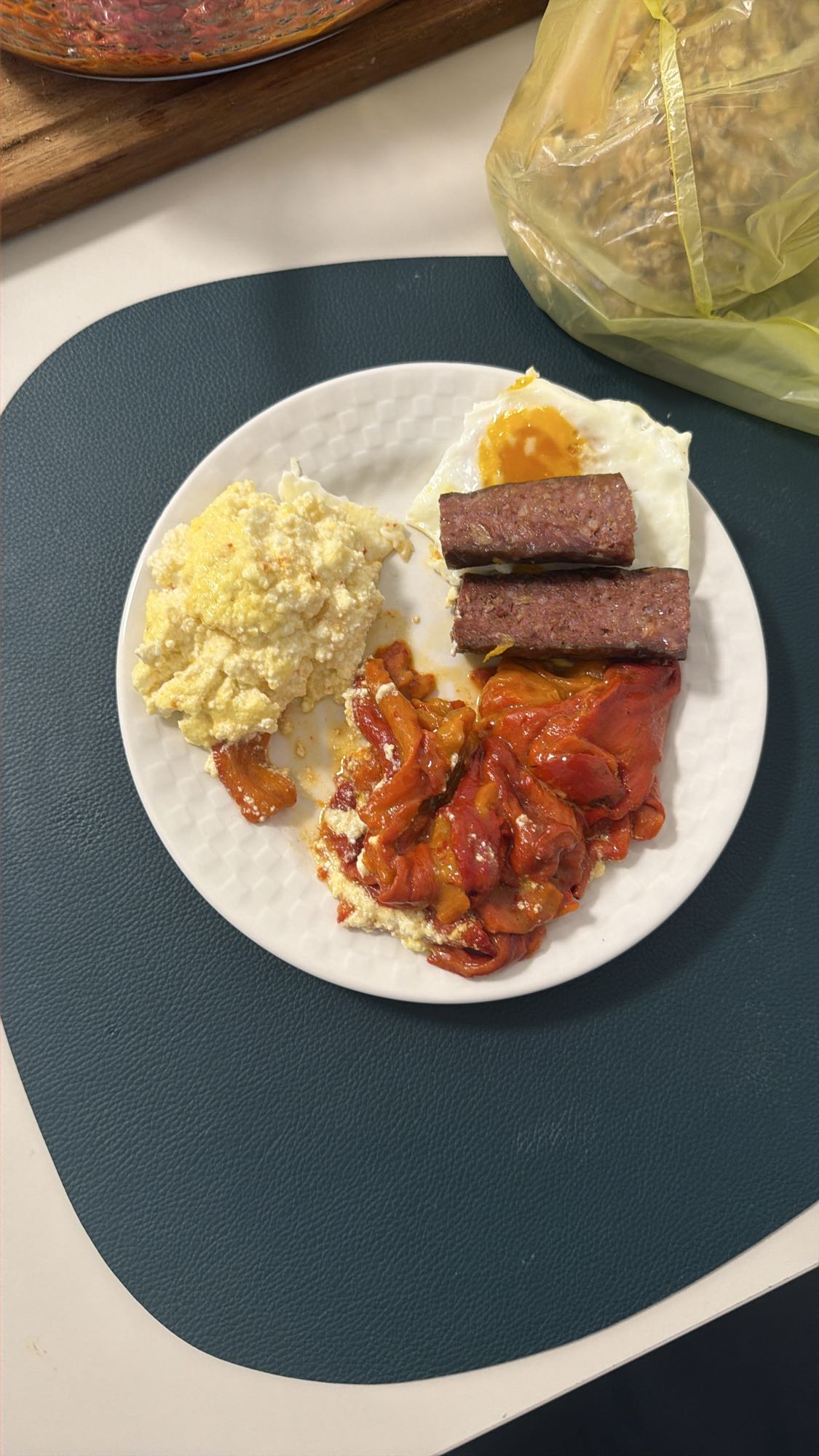 Egg, sausage, cheese, pepper