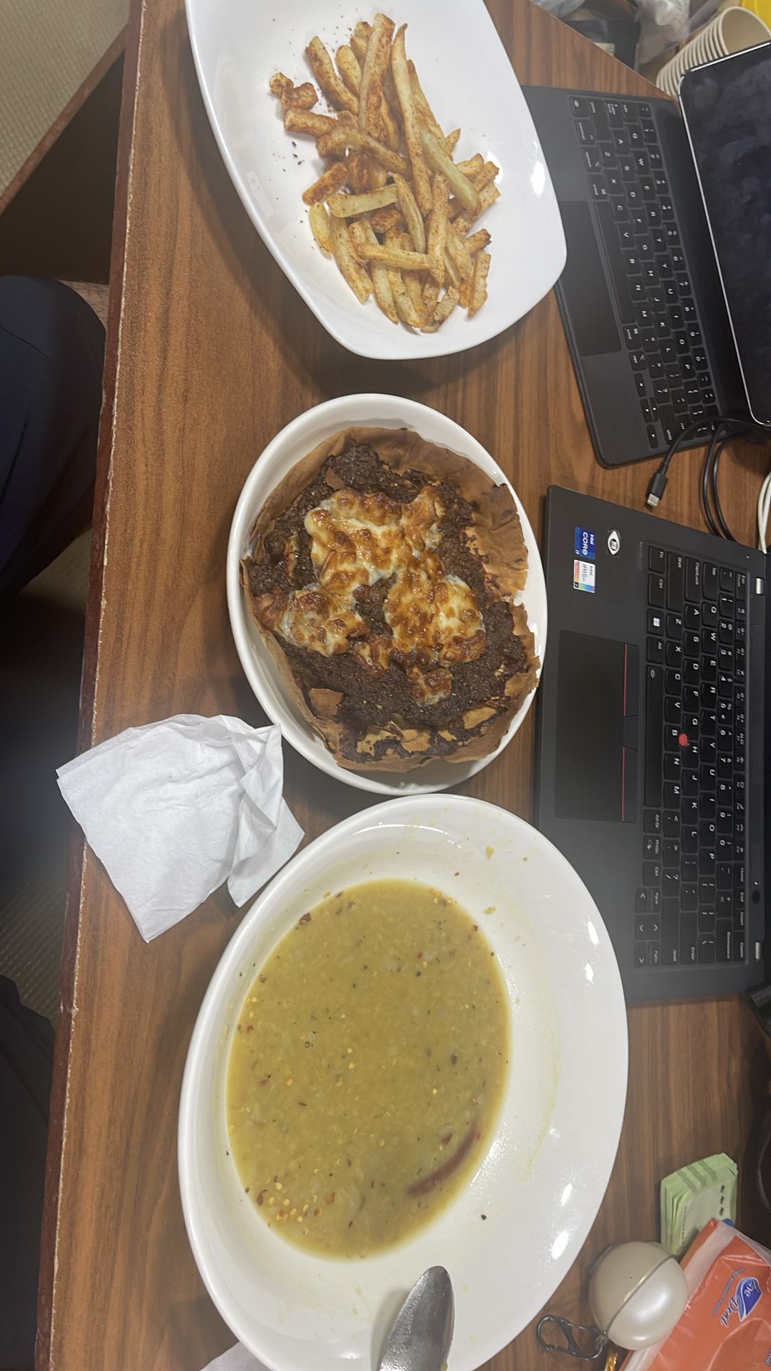 Soup, fries, meat pie