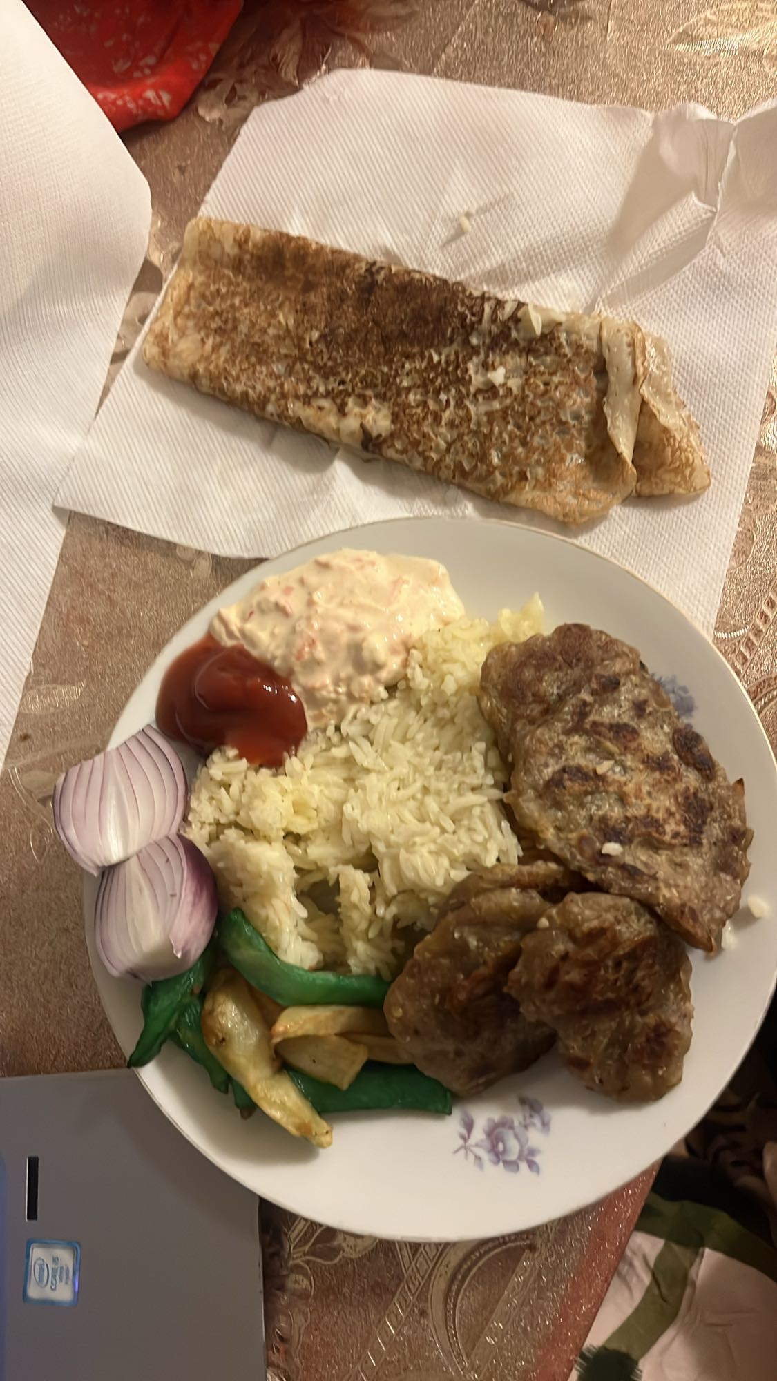 Rice, kebab, crepe plate