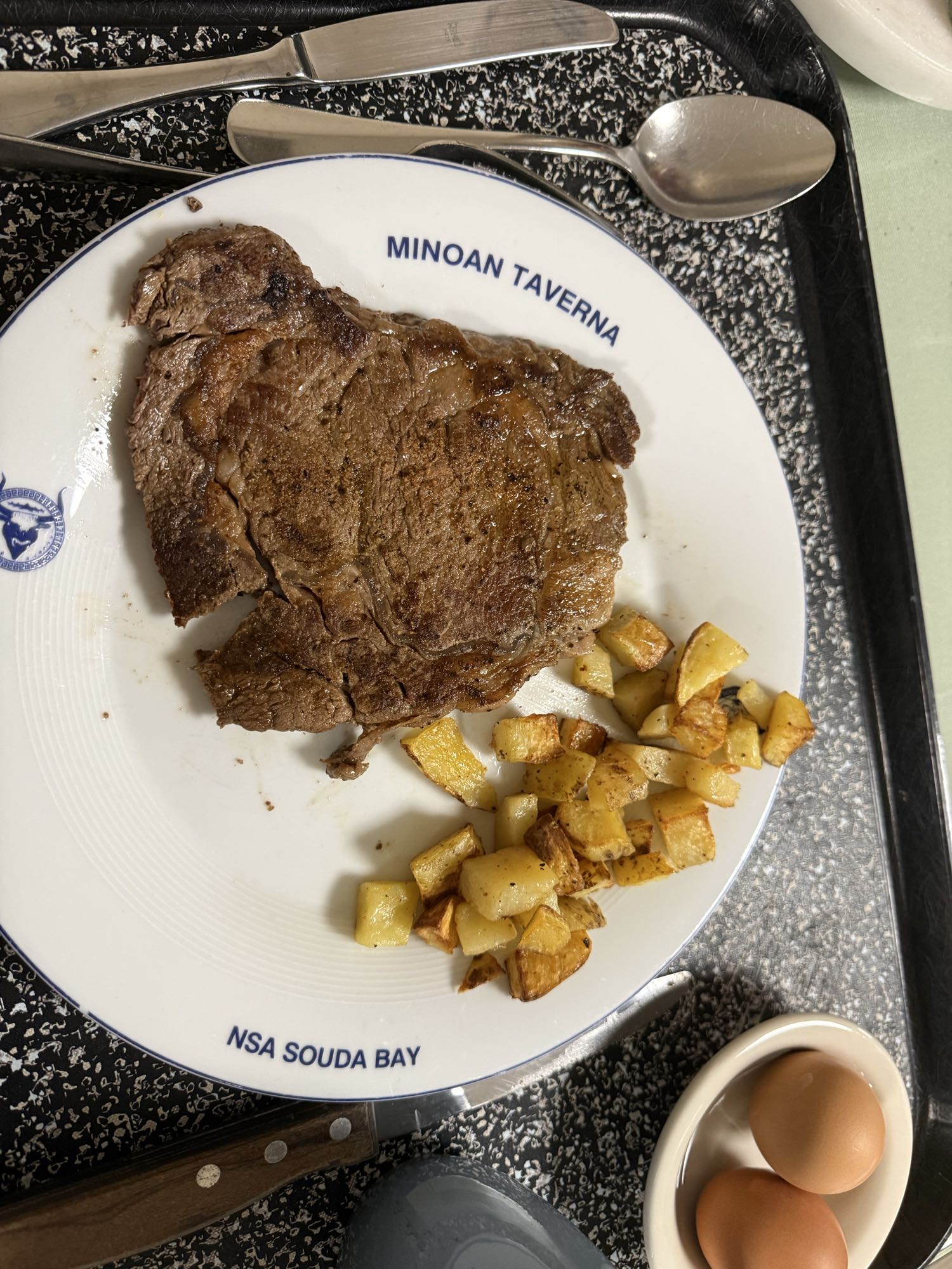 Steak, potatoes, boiled eggs