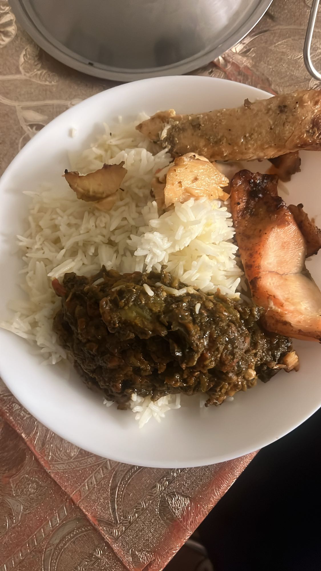 Rice, fish, greens plate