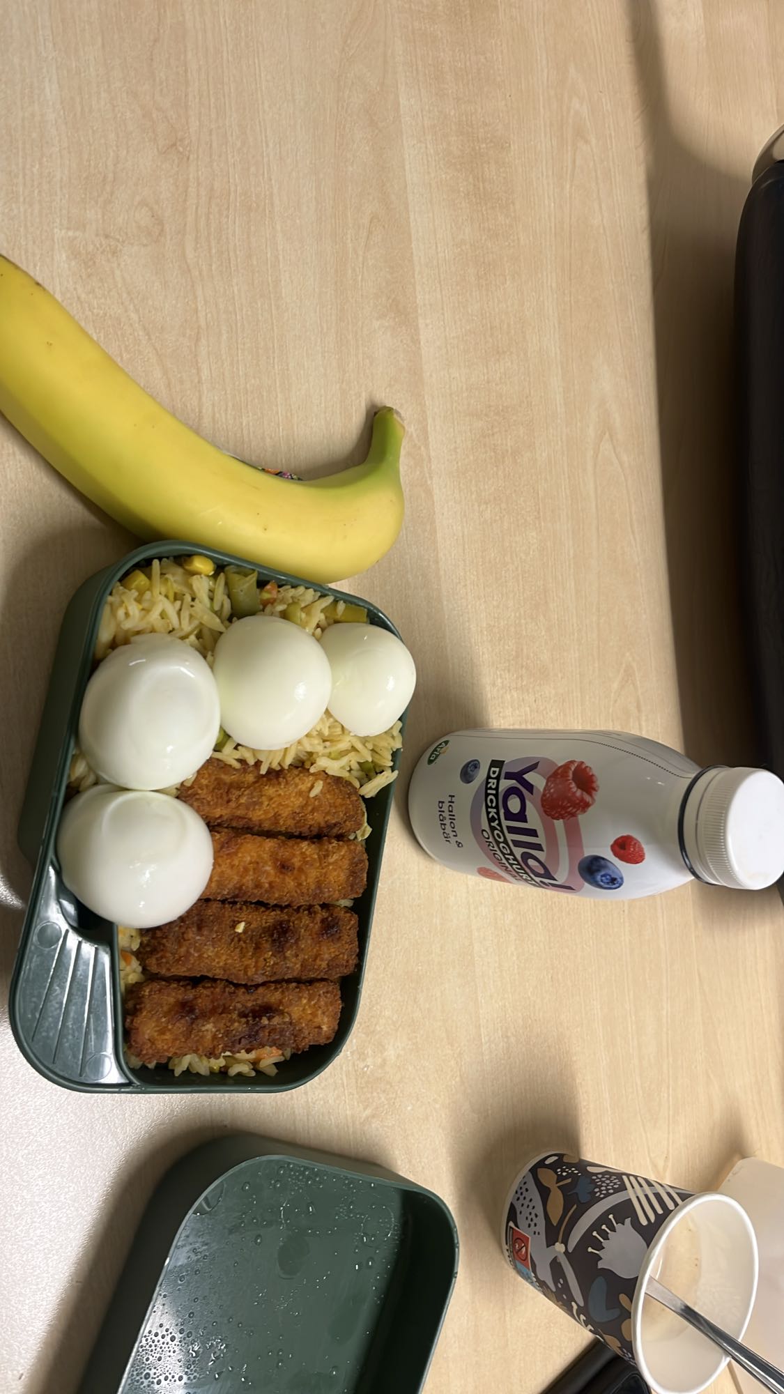 Eggs, Rice, Fish Sticks & Fruit