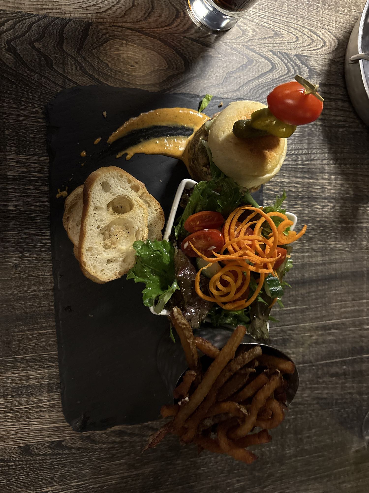 Burger with fries and salad