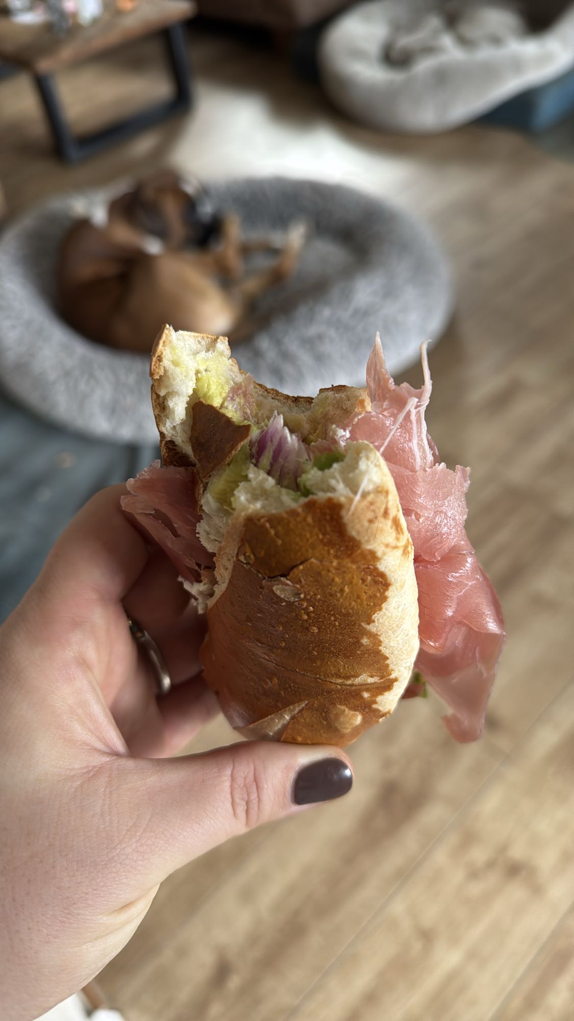 Laugenbrötchen mit Avocado, Frischkäse, Zwiebel und roher Schinken